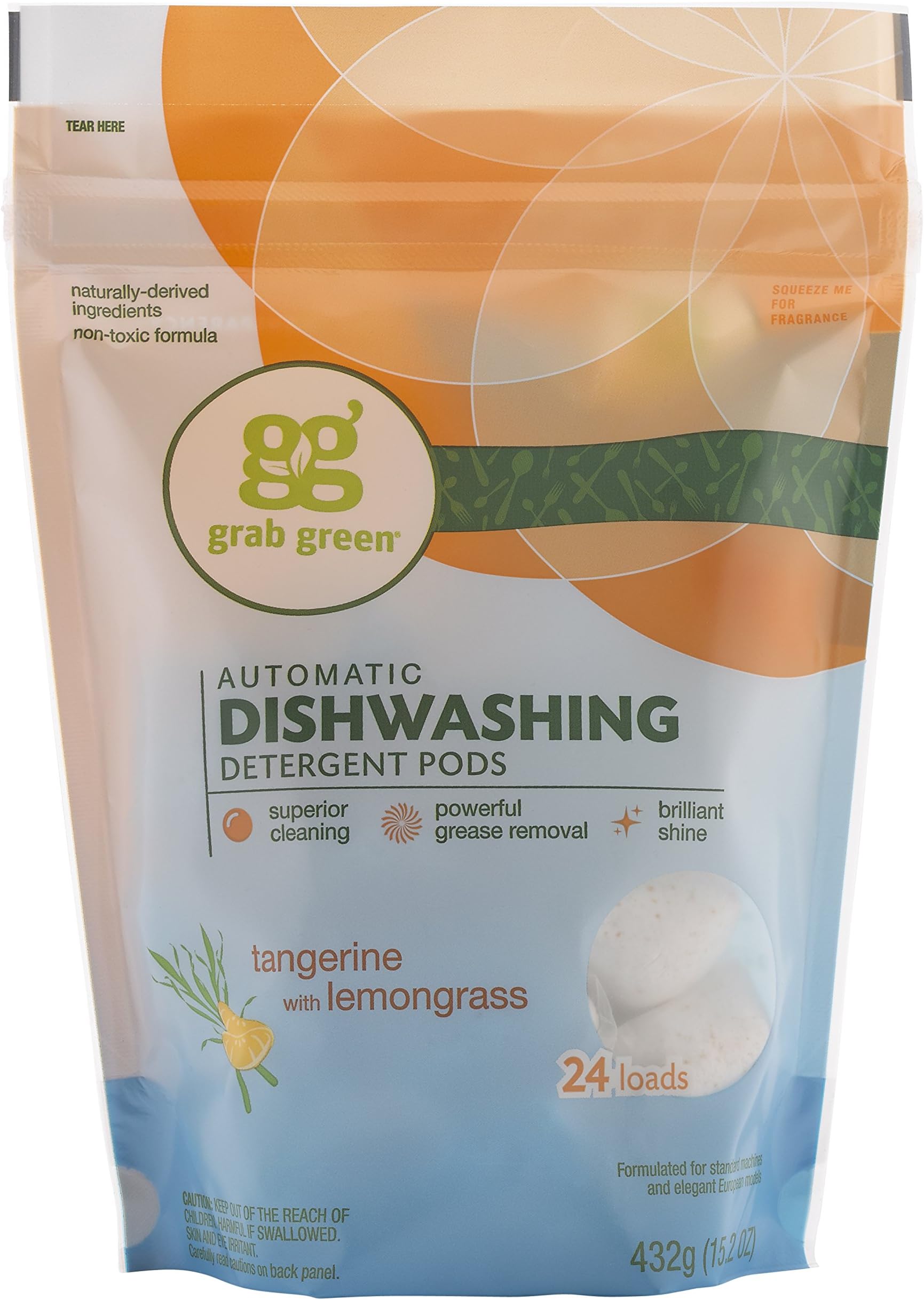 Grab Green Automatic Dishwashing Detergent Pods, Tangerine with Lemongrass, 24 Loads, 432 gm