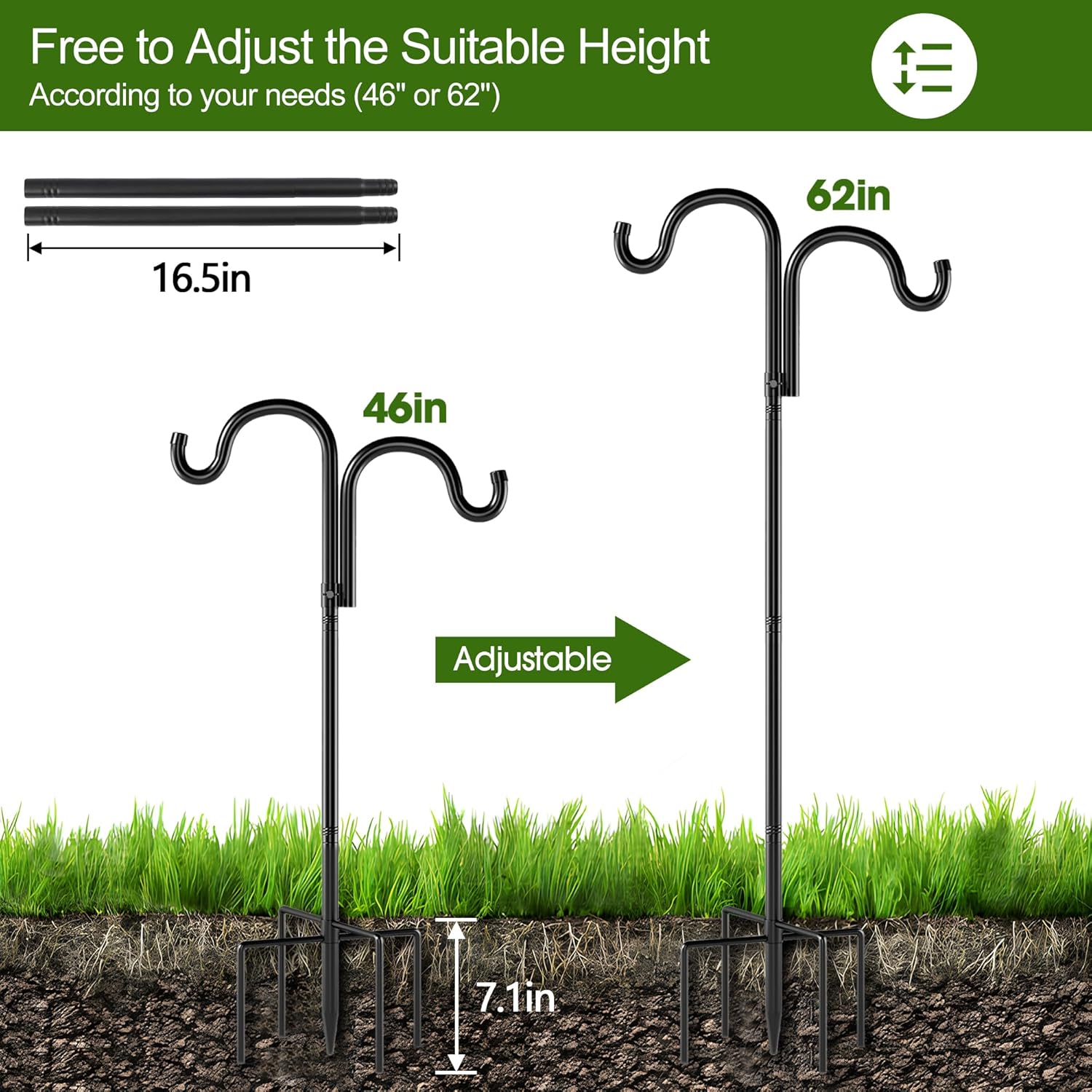 Double Shepherds Hooks for Outdoor, 60" Heavy Duty Bird Feeder Pole with 5 Prong Base, Adjustable Shepherds Hook for Bird feeders Outside, Garden, Weddings, Hanging Plants, 1 Pack, Black