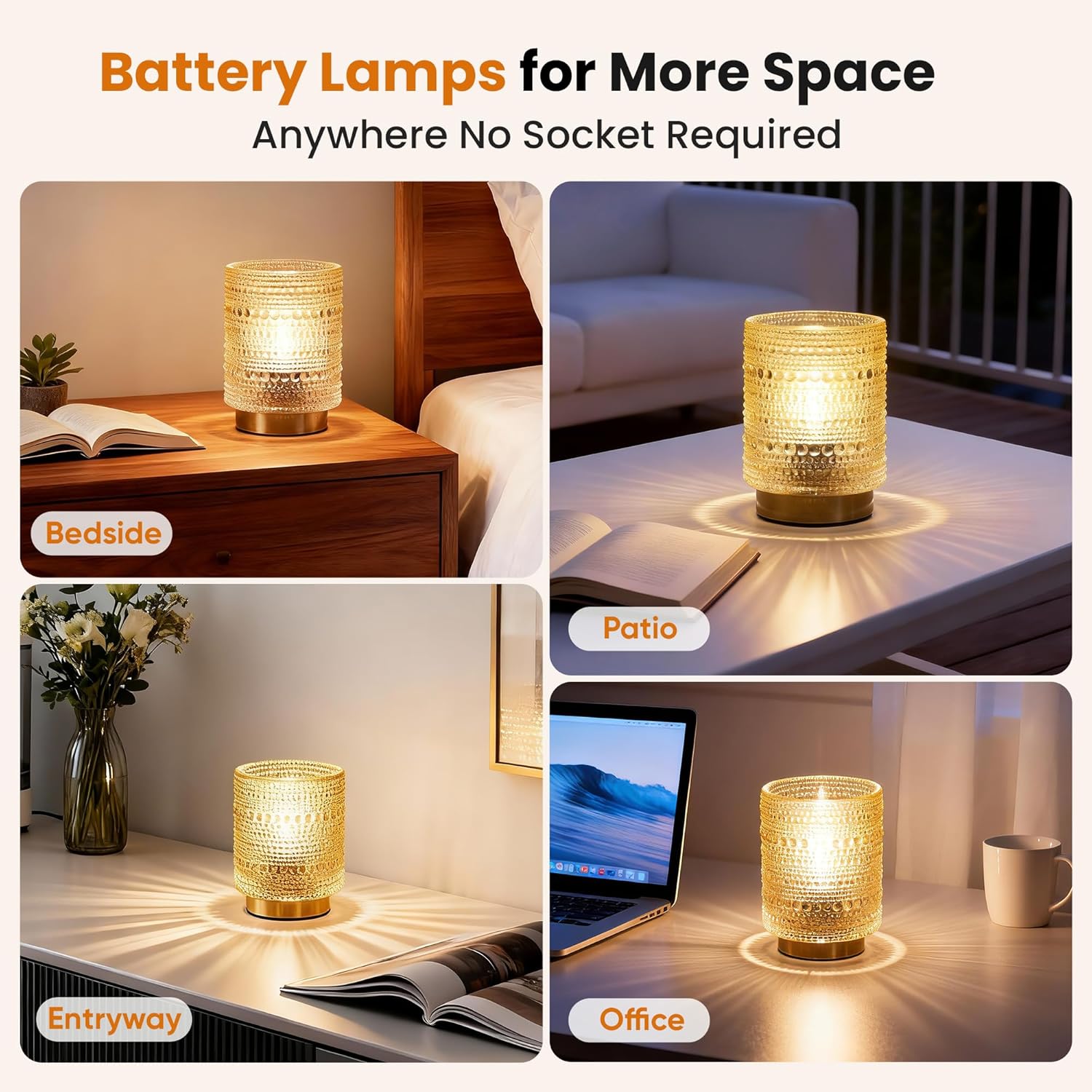 Battery Operated Lamp with Timer, Small Battery Powered Lamp for Bedside, Cordless Table Lamps with LED Warm Bulb, Wireless Lamps for Entryway/Dorm/Office/Patio/Living Room Decor-Amber