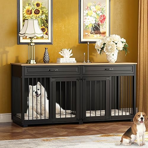 Miniatura 45 de Muebles grandes para perros, jaula de madera resistente para perros de 72 pulgadas con habitaciones dobles, 2 cajones y un divisor para razas