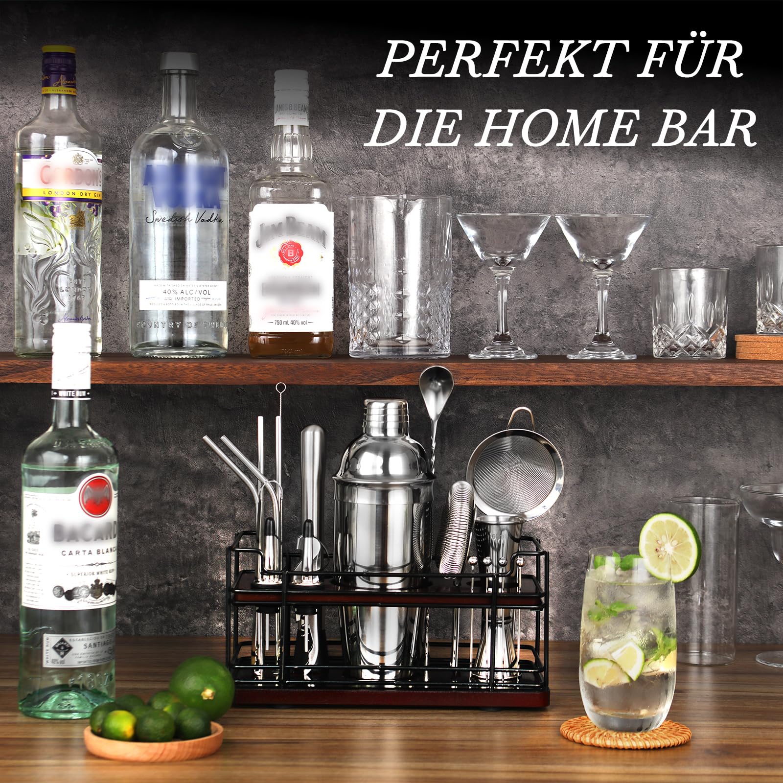 20-teiliges Cocktail Shaker Set mit Stand, 750ml Shaker Edelstahl Cocktail Set für die Hausbar, Profi Cocktail Maschine Barkeeper Set mit Bar Zubehör & Rezeptbuch, Ideales Geschenkset (Silber)