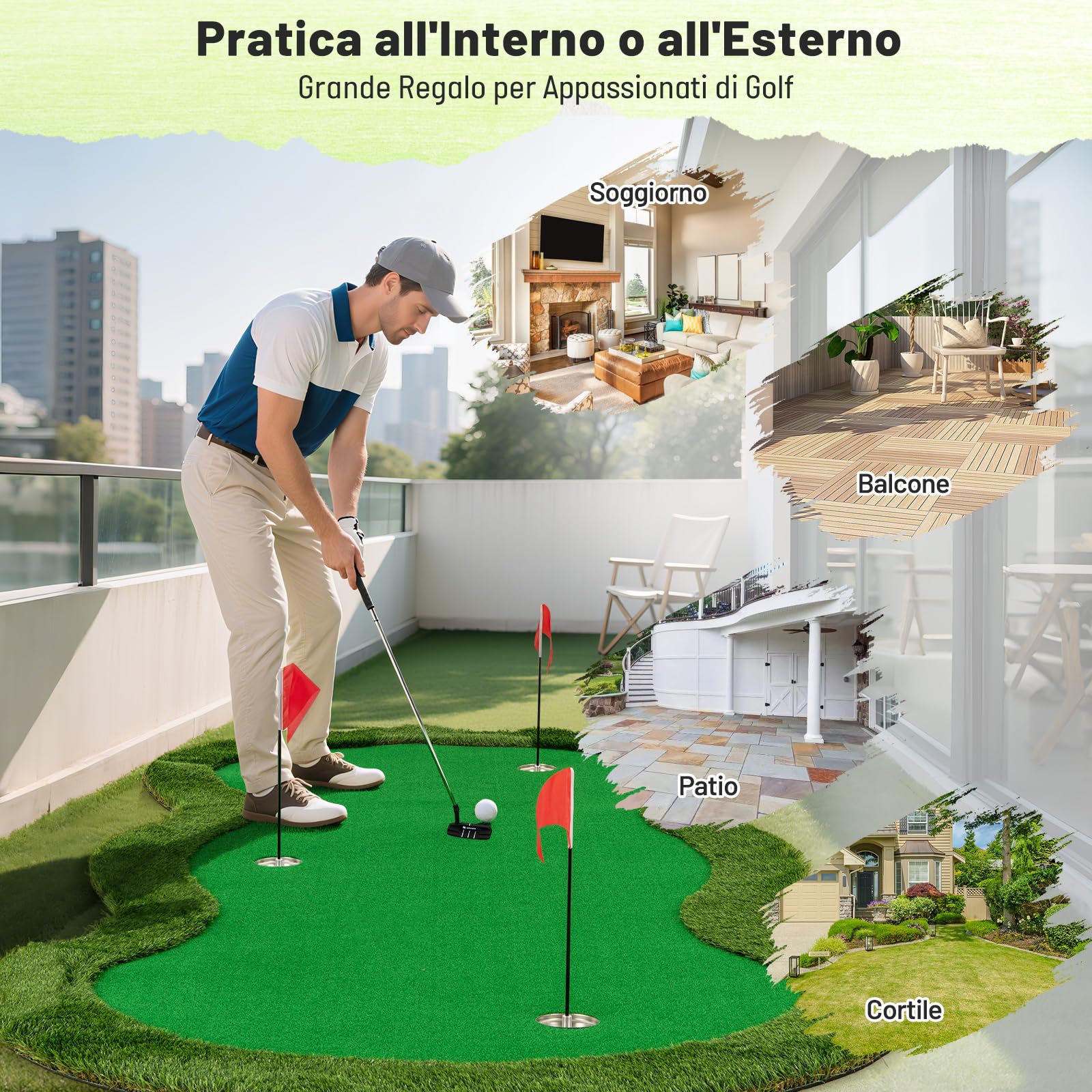 COSTWAY Putting Green, Tappetino da Interno per Putting con 3 Buchi e Palline da Golf, Tappetino da Golf per Casa, Ufficio, Giardino e Patio, 300 cm x 150 cm