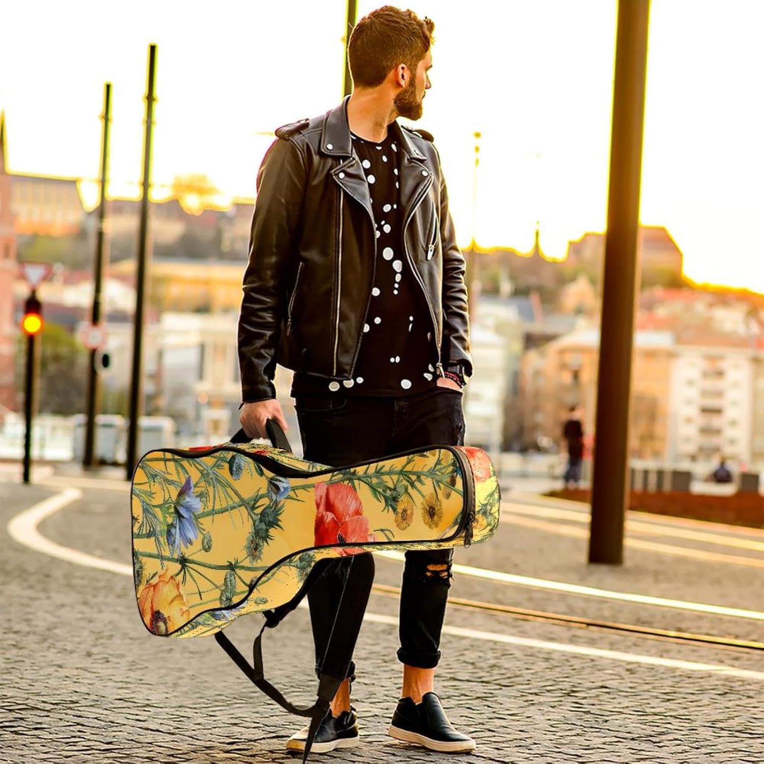 Acoustic Guitar Gig Bag 10mm Thick Padding, Soft Waterproof Guitar Case with Adjustable Backpack Straps for 40-42 Inch Guitar, Watercolor Wild Flowers on Colored Background
