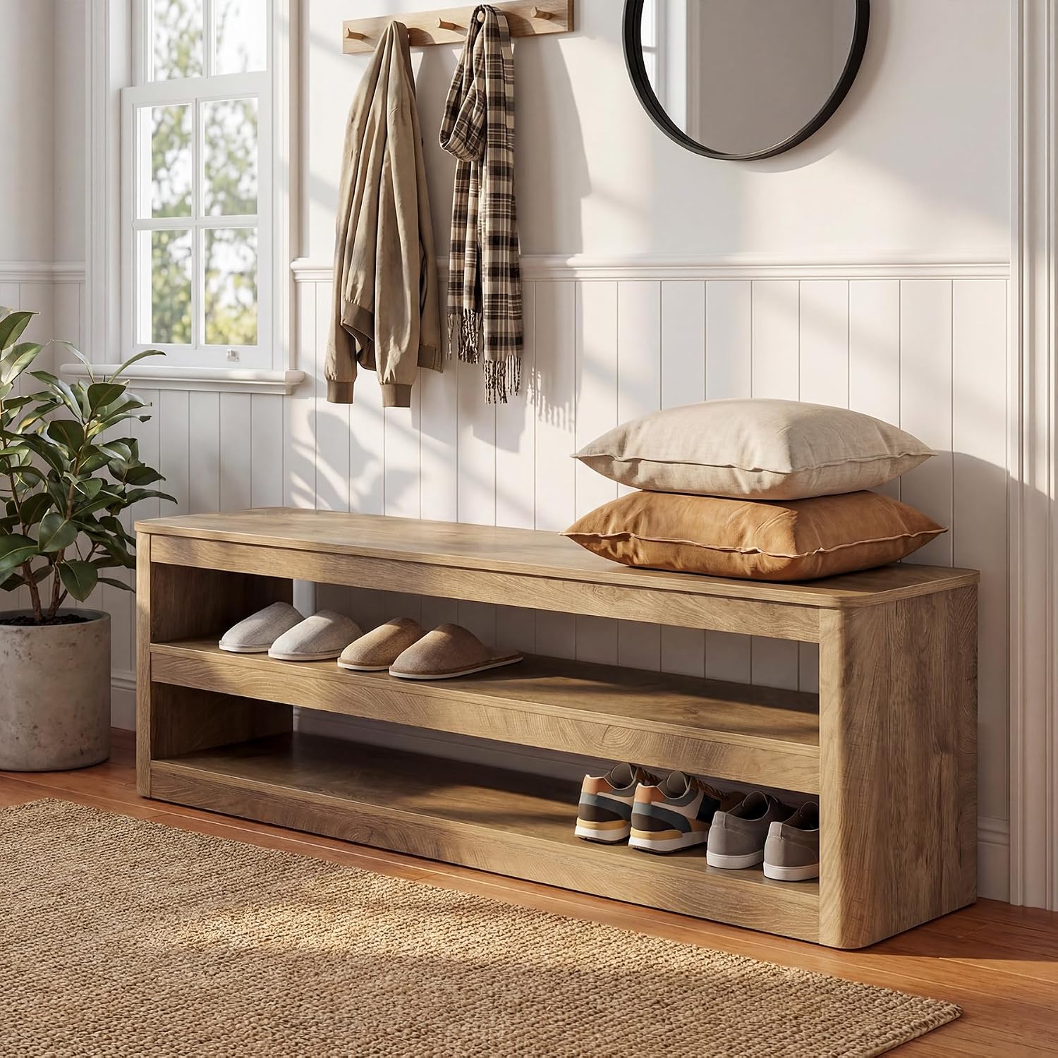 Tribesigns 55" Farmhouse Entryway Bench, 3-Tier Open Storage Shoe Bench with Rounded Corners, Wood Look Indoor End of Bed Seat for Entrance, Hallway, Foyer, Bedroom (Walnut Brown)