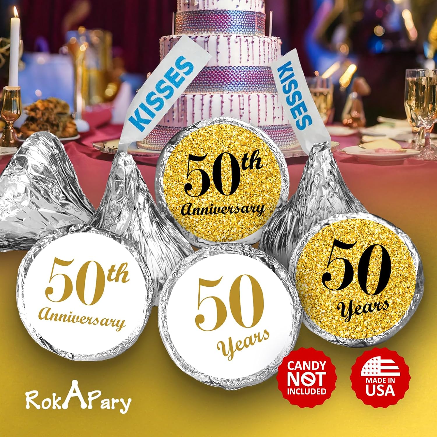 Happy 50th Anniversary Kisses Stickers, (Set of 216) Chocolate Drops Labels Stickers for 50th Wedding Anniversary, Party Favors Decor for Kisses. Made in USA image 2