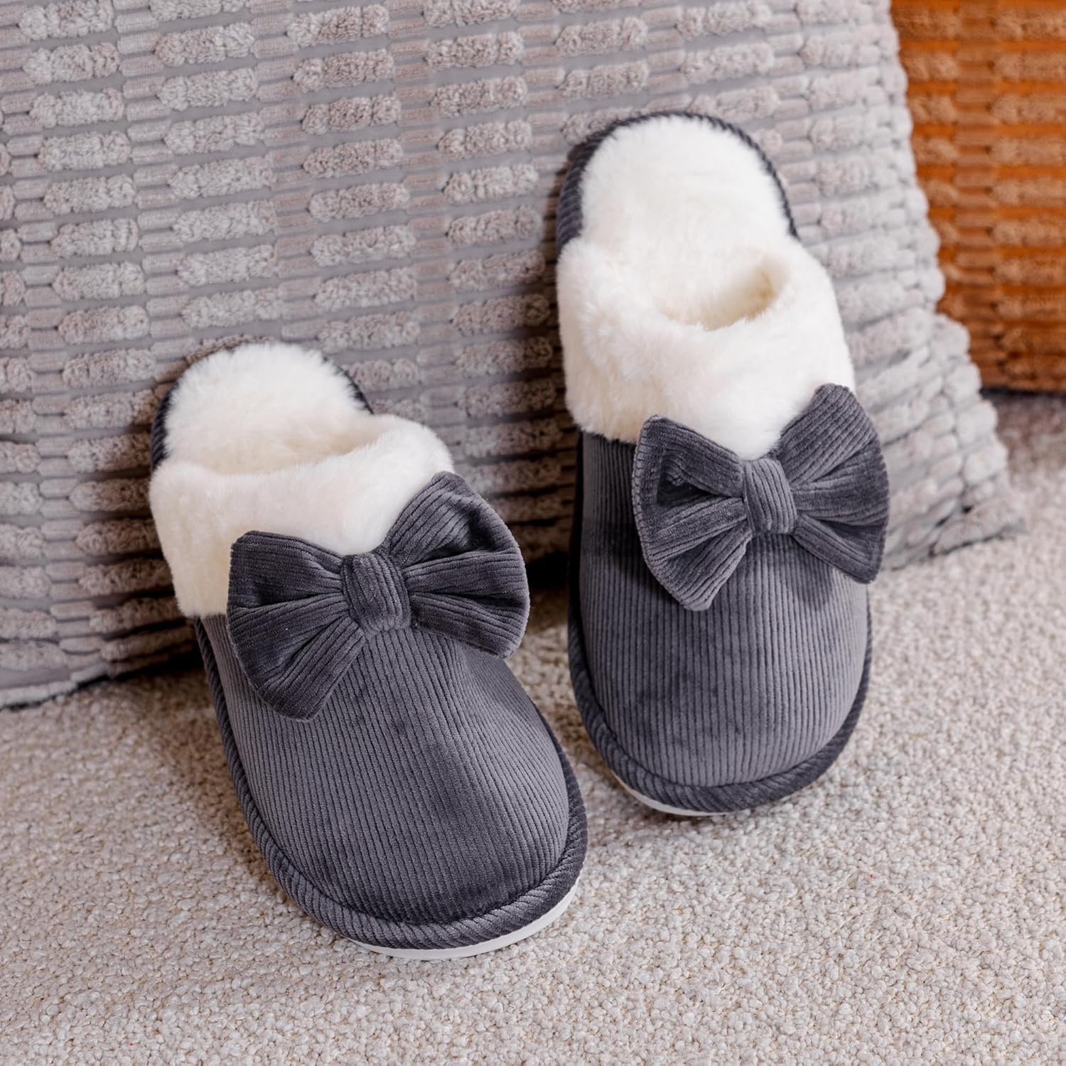 NineCiFun Womens Bow Scuff Slippers Corduroy Plush Faux Fur Lining Memory Foam Non Slip Indoor Outdoor House Shoes - Image 3