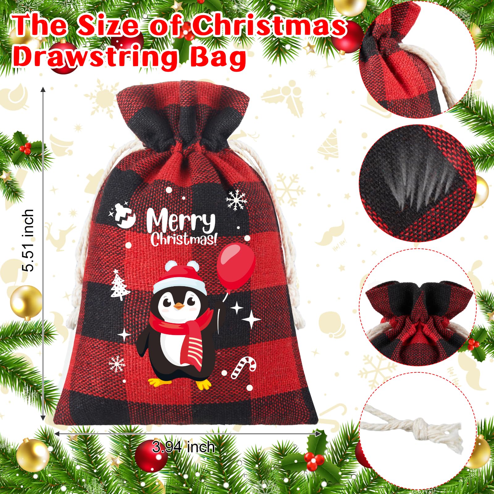 24 Pieces Gift Bags Christmas Drawstring Bag Christmas Burlap Drawstring Bag Washable Cotton Xmas Bag for Candy Wrapper Christmas Party Favor (Red Green, Festival)