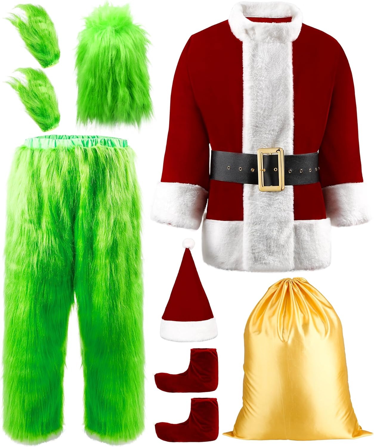Green Costume Adult 8PCS Santa Costume Adult Halloween Christmas Santa Claus Costume for Men Santa Suit Green Large