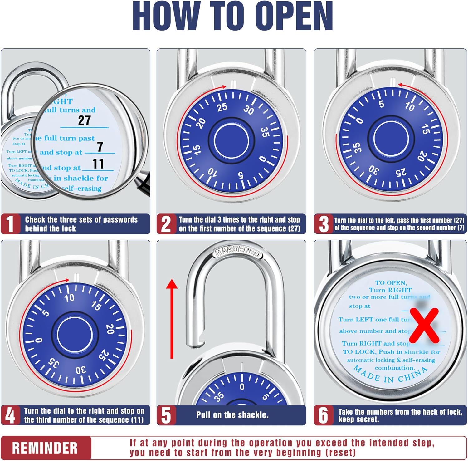 Combination Padlock 12 Pack, 50 mm (2") Blue Dial Fixed Dial with Different Combinations,for Gym & Locker,School,Toolbox,and More