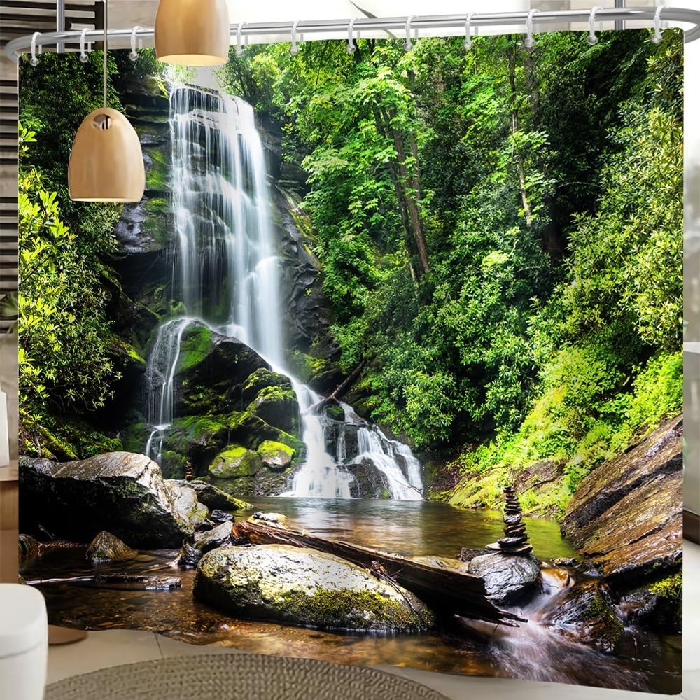 Xiaoterna Nature Shower Curtain Spring Waterfall Bathroom Curtain Tropical Jungle Green Forest Landscape Moss Stone River Washable Shower Curtain Waterproof Bathroom Home Decoration 240x180cm - Image 3