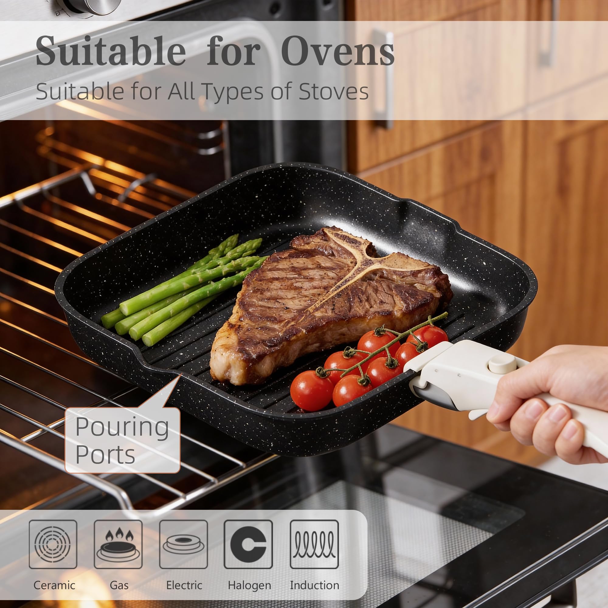 RIOVARM Induzione Set di pentole e padelle con manici staccabili, Antiaderente Padelle grill, Impilabile Casseruole con coperchi, Padella per omelette Senza PFOA, per tutti i tipi di fornelli