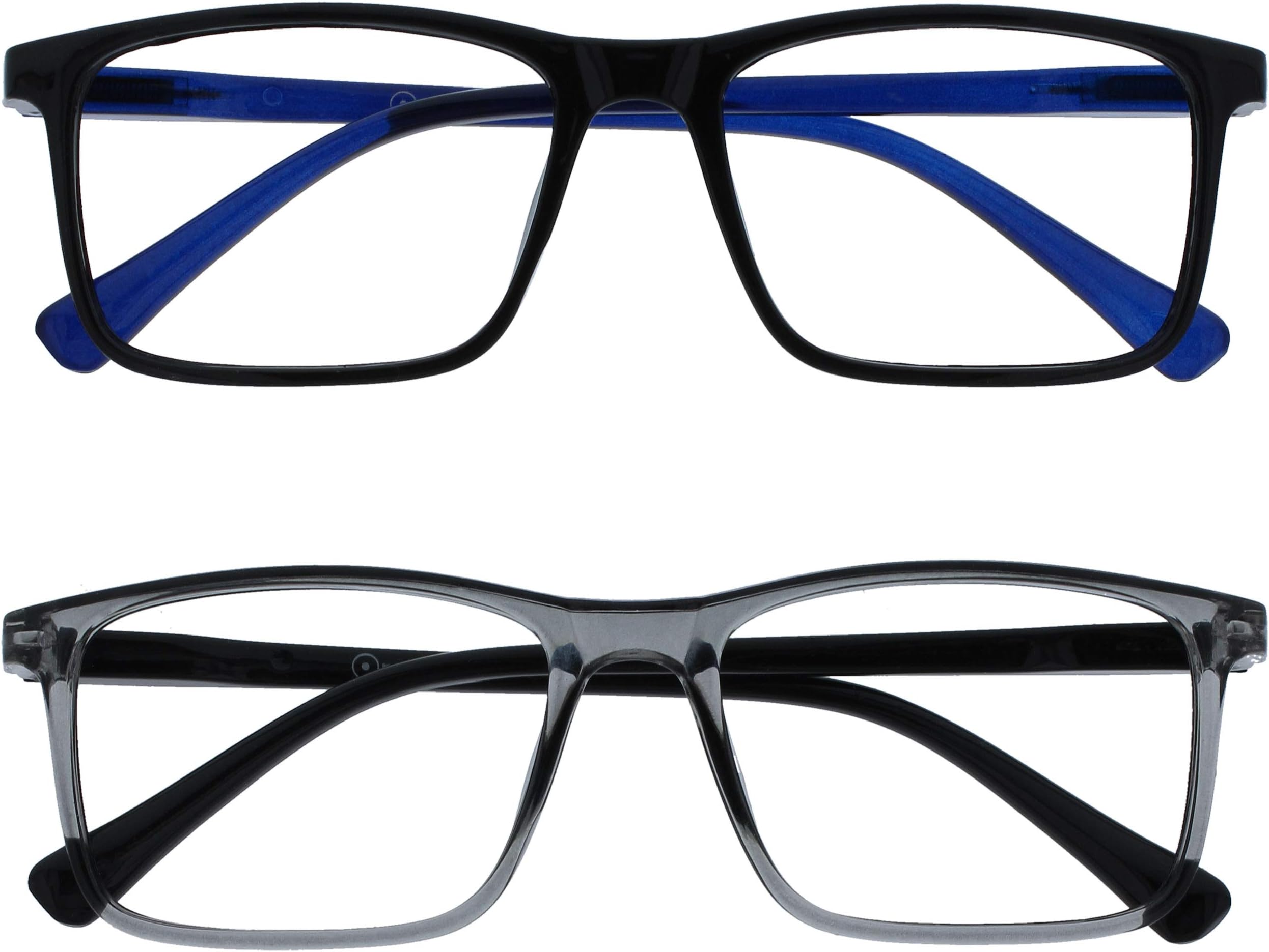 OPULIZE INK Reading Glasses - Value 2 Pack - Large Rectangular Frame - Spring Hinges - Scratch Resistant - Black Grey - Mens Womens +1.50
