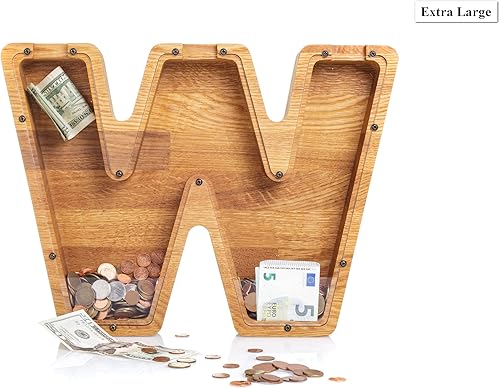 Miniatura 7 de Alcancía de madera personalizada con letra para niños, niñas y adultos, bancos de monedas de madera de roble duradero, 3 tamaños para elegir,
