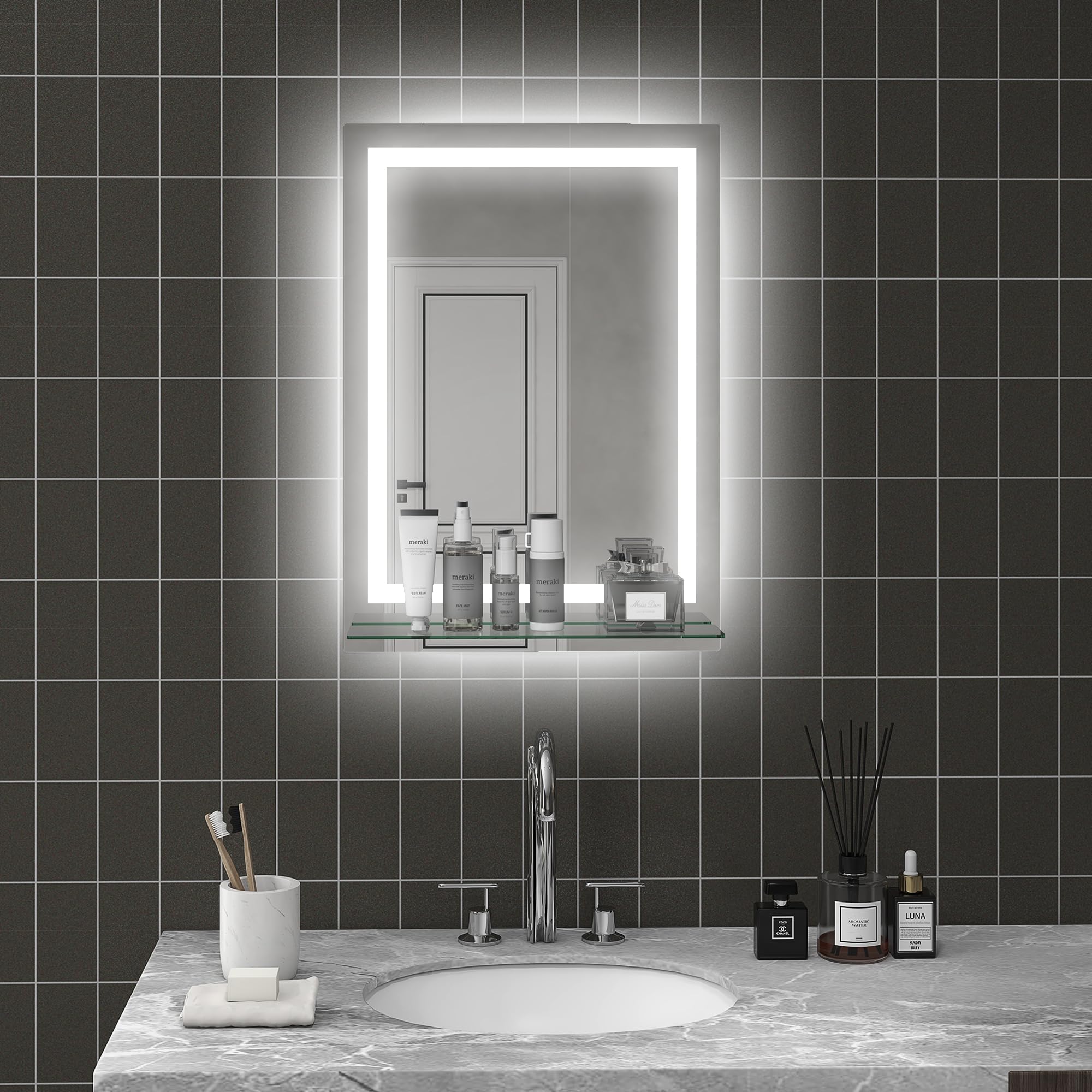 kleankin Specchio per Bagno a Luci LED a 3 Colori Regolabili con Mensola in Vetro, Specchio Illuminato con Funzione a Memoria in Alluminio e Vetro Temperato, 50x12x70 cm, IP44, Argento
