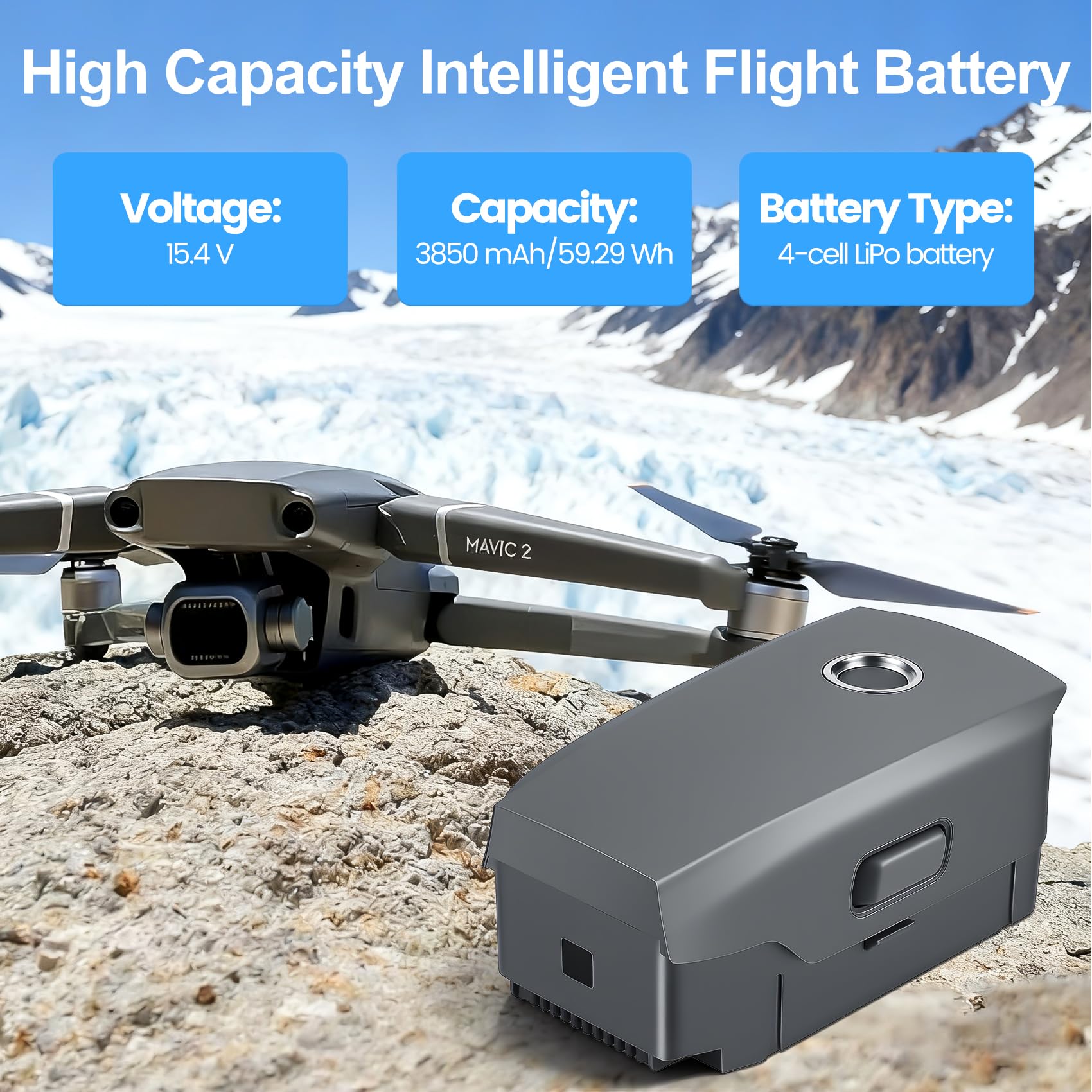 1 batteria di volo intelligente ricaricabile da 3850 mAh 15,4 V per DJI Mavic 2, Mavic 2 Pro, Mavic 2 Zoom, Mavic 2 Enterprise Advanced Drone, 30 minuti max tempo di volo batteria