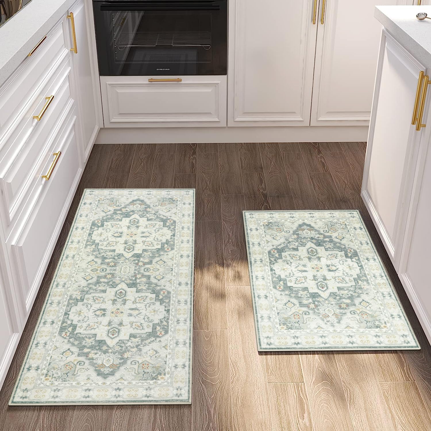 CekeneBoho Kitchen Carpet Runners Non-Slip Kitchen Runner Rugs Washable Kitchen Mats 2 Piece Absorbent Soft Low Pile Area Floor Rug for Laundry Room Bedroom Entrance(Green,50x80cm+50x120cm)OEKO-TEX STANDARD 100
