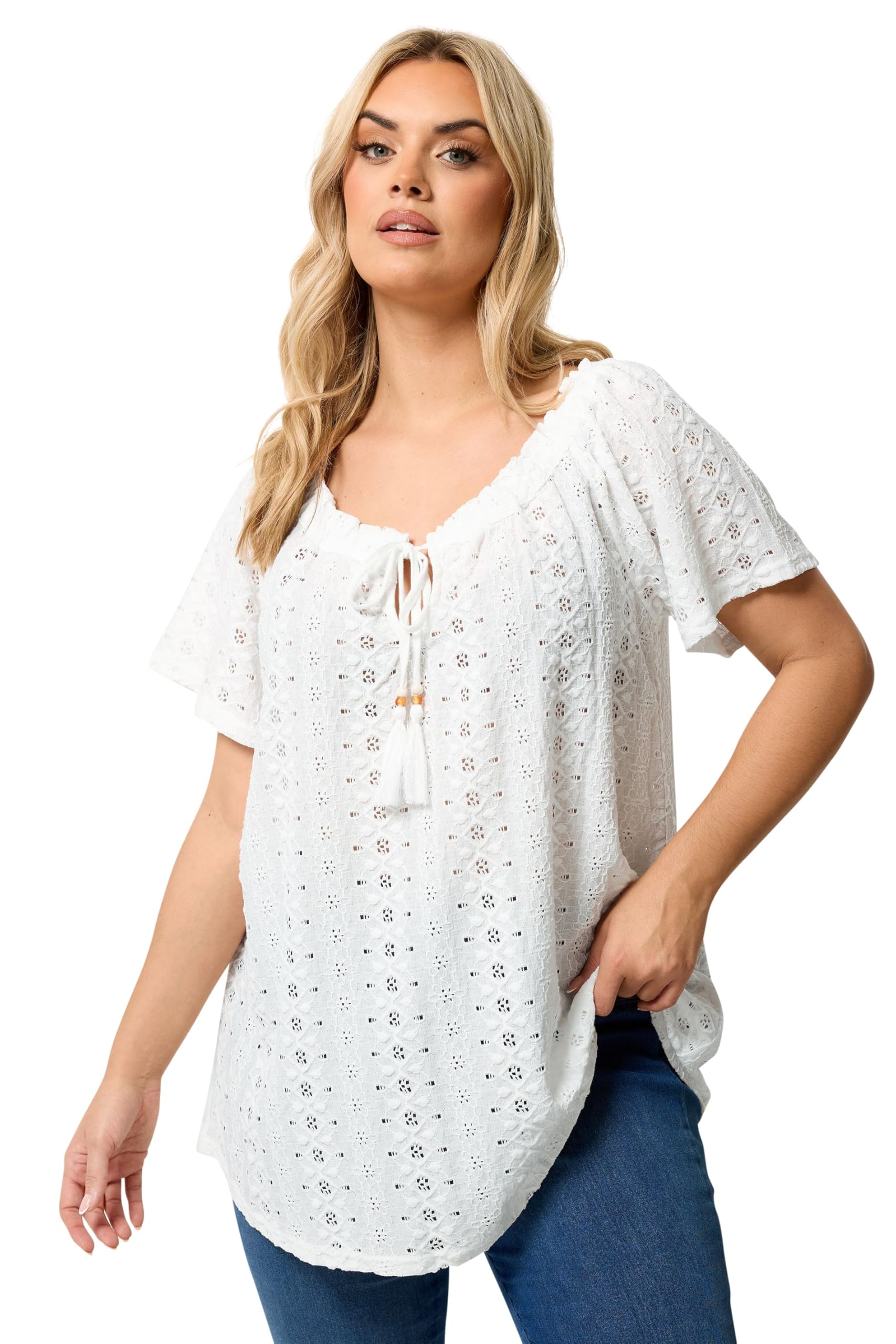 Yours Women's White Curve Tie Neck Broderie Anglaise Top - Plus Size Curve