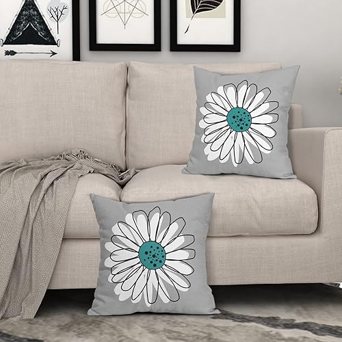 Miniatura 3 de Sweetshow Juego de 2 fundas de almohada de margaritas de color verde azulado y blanco de 18 x 18 pulgadas, para primavera y verano, color gris y