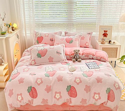 LMONMOO Juego de funda de edredón tamaño individual, juego de funda de edredón de fresa rosa, súper suave, juego de ropa de cama kawaii, bonito