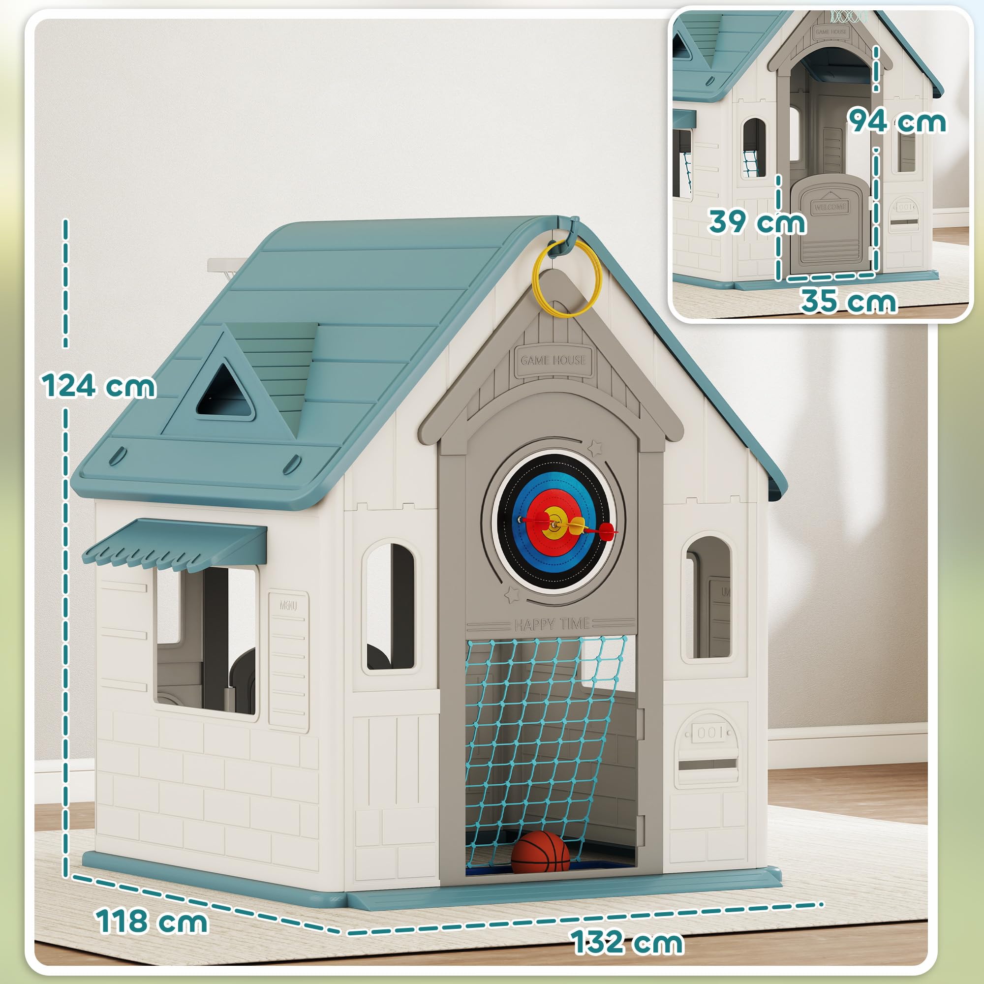 AIYAPLAY Casita Infantil Exterior e Interior 5 en 1, Casita Infantil de Jardín con Lanzamiento de Aros, Baloncesto, Fútbol, Dardos, Casa de Juegos para Niños de 2-5 Años, Beige