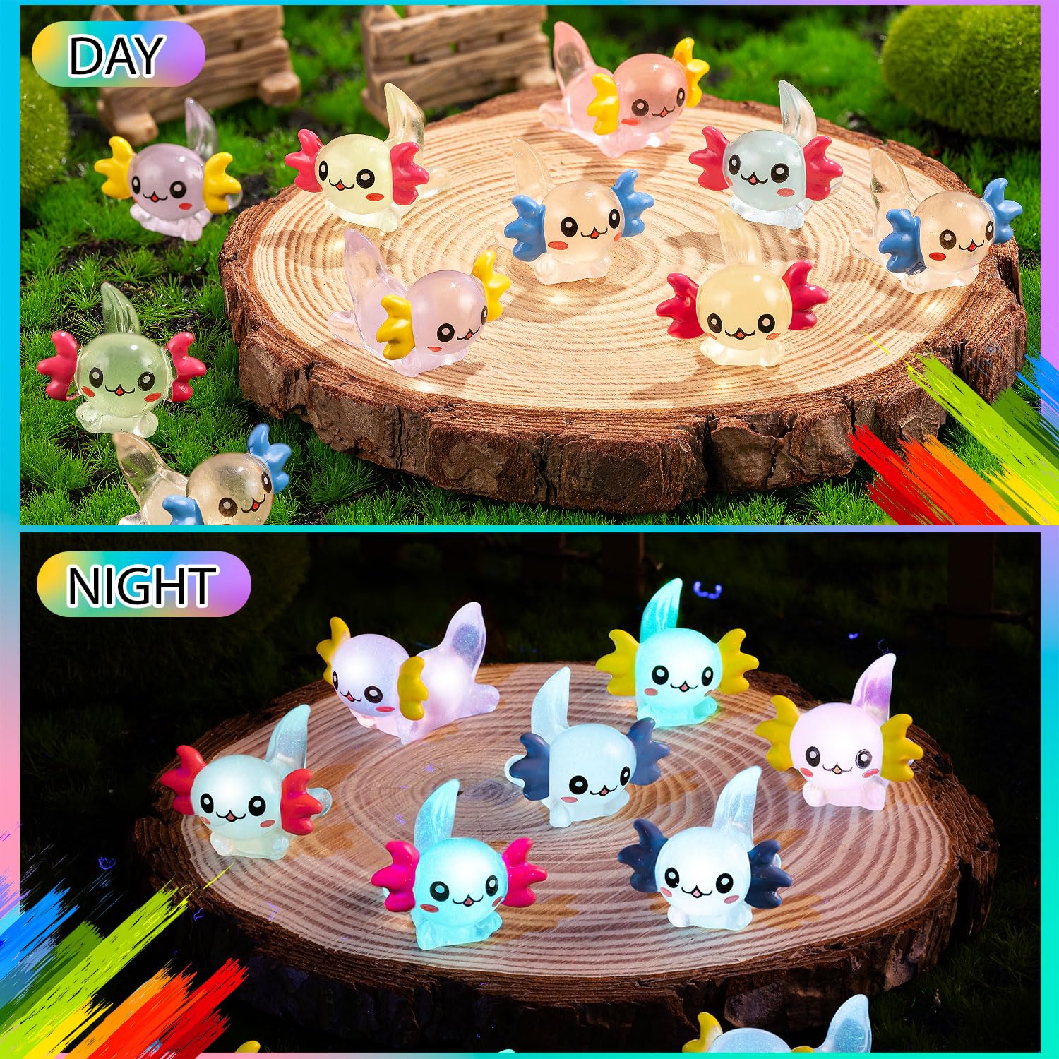 50-Piece Mini Axolotl Figures - Assorted Colors & Glow In The Dark - Tiny Resin Charms For Crafts & Decor - View #3