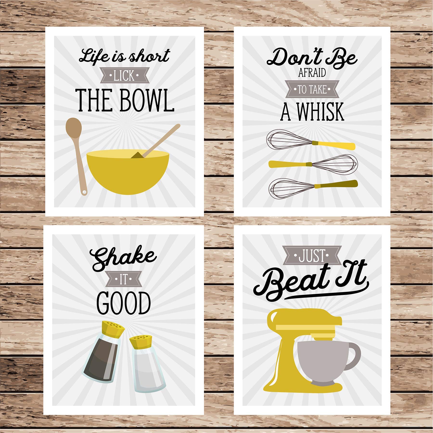 Retro Vintage Kitchen Wall Art Prints - Mustard Yellow/Gold, Gray, White Set of 4-8x10 UNFRAMED Kitchen Utensil Prints Perfect for Rustic, Modern Farmhouse, Country Decor.