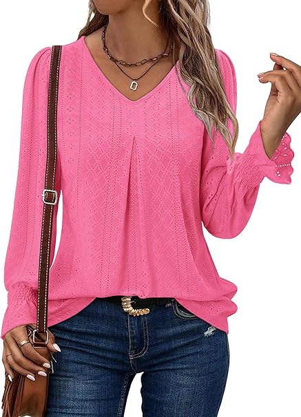 KISSMODA Long Sleeve Fall Shirts For Women V Neck Tunic Tops Embroidered Button Down Knitted Blouses 2025