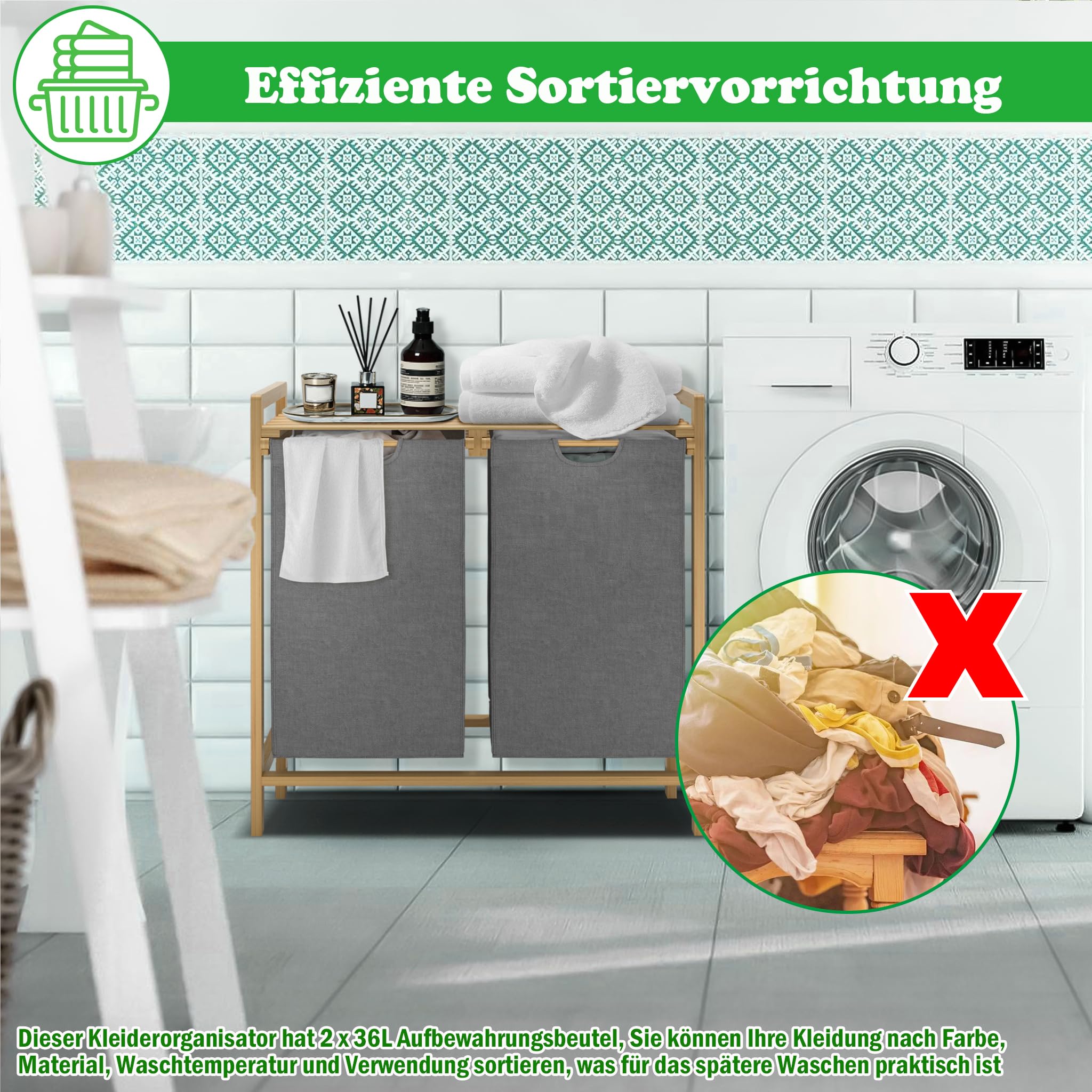 SUBTLETY 2x36L Wäschekorb aus Oxford-Gewebe 2 Fächer Abnehmbar Wäschesammler mit Ablage & Bambusrahmen Wäschesack Ausziehbar Wäschesortierer Effiziente Wäscheaufbewahrung für Waschküche (Beige)