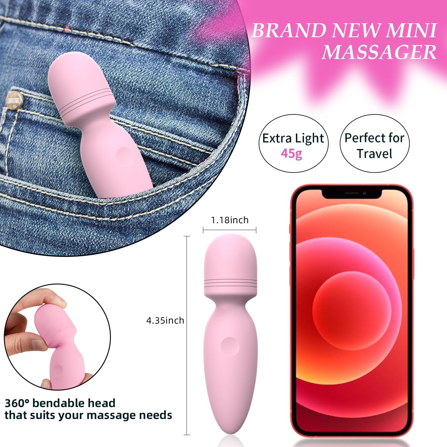 Fuwyiy Mini Massager Tools,Small Waterproof Cordless Handheld Massager with 10 Vibration Modes, Personal Handheld Massager for Back(Pink)