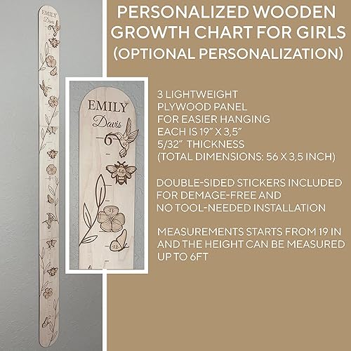 Miniatura 3 de Personalized Wooden Growth Chart for Wall - 6ft Custom Name Kids Measurement Growth Chart for Girls, Child Height Measuring Chart Wooden, Baby