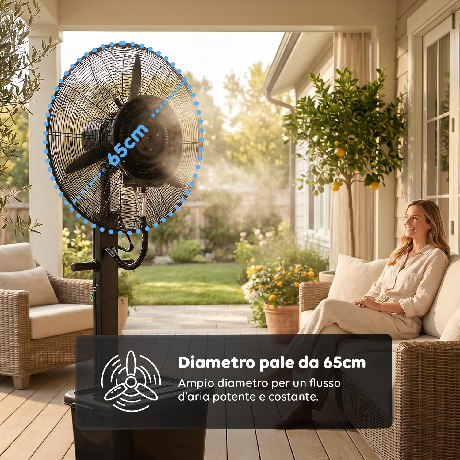 Wintem - BERGEN Ventilatore Nebulizzatore Industriale 230W – Raffrescatore ad Acqua con Serbatoio 45L – Diametro 65cm e Altezza 175cm – Getto 8mt – 3 Velocità, Oscillante e Portatile con Ruote 360°