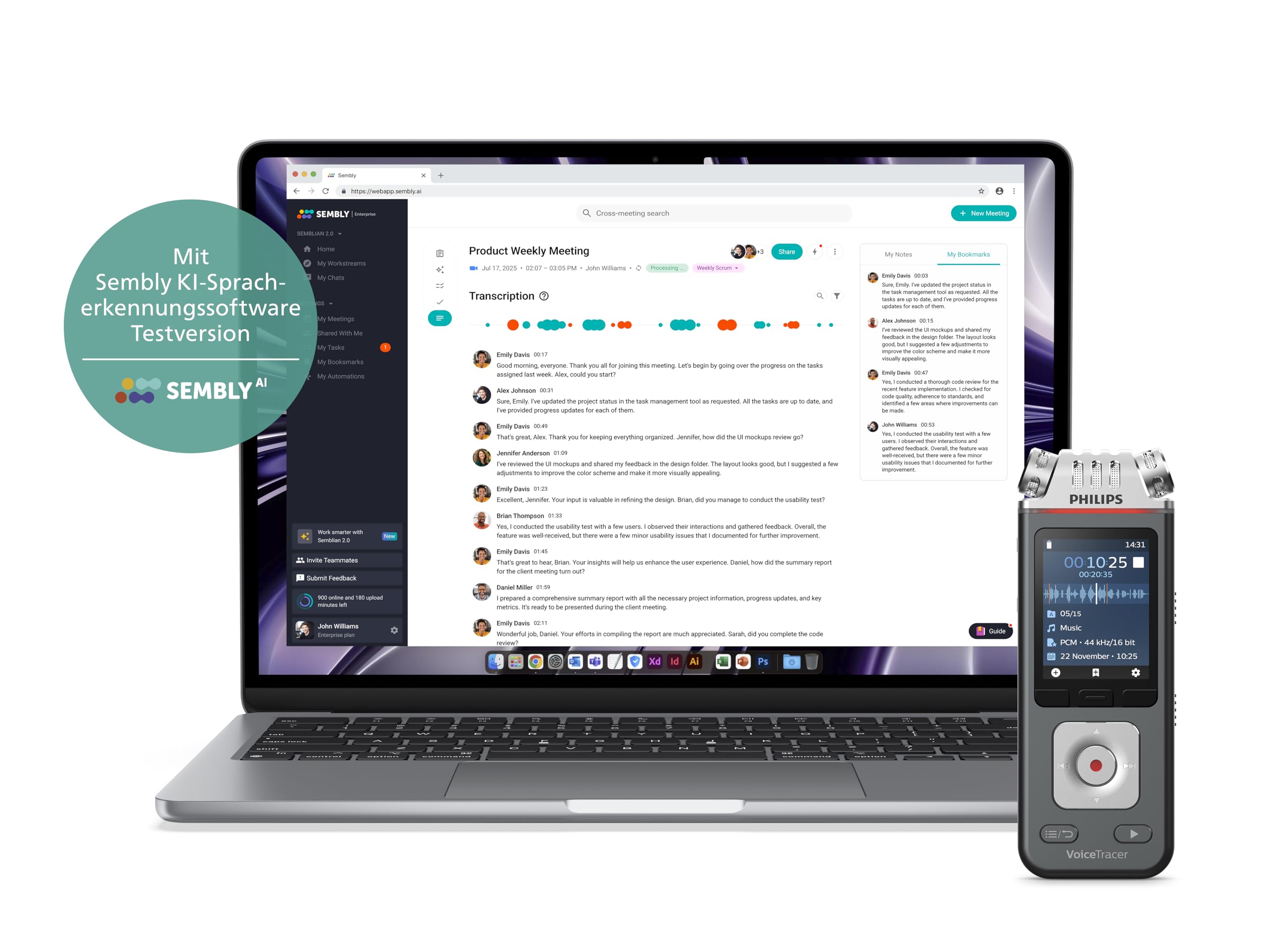 Philips DVT6115 VoiceTracer, Diktiergerät, Aufnahmegerät, 3 HiFi Mikrofone für Musikaufnahmen optimiert, inkl. Sembly AI-Testlizenz: Transkription & KI-Zusammenfassungen