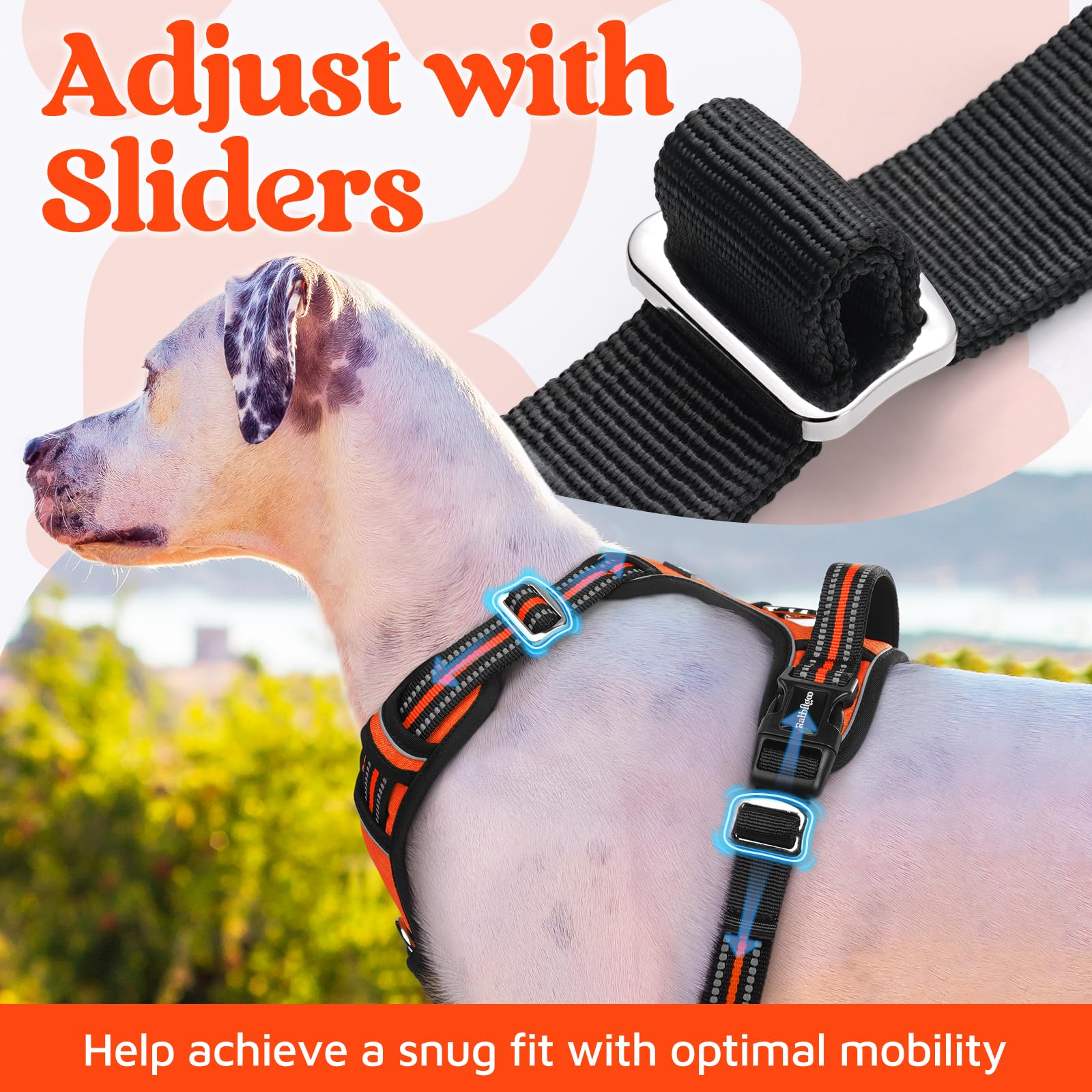 rabbitgoo Arnés para perro, tamaño mediano, sin tirones, con 3 hebillas, arnés acolchado suave ajustable para mascotas, con asa de fácil control y tiras reflectantes, naranja, M
