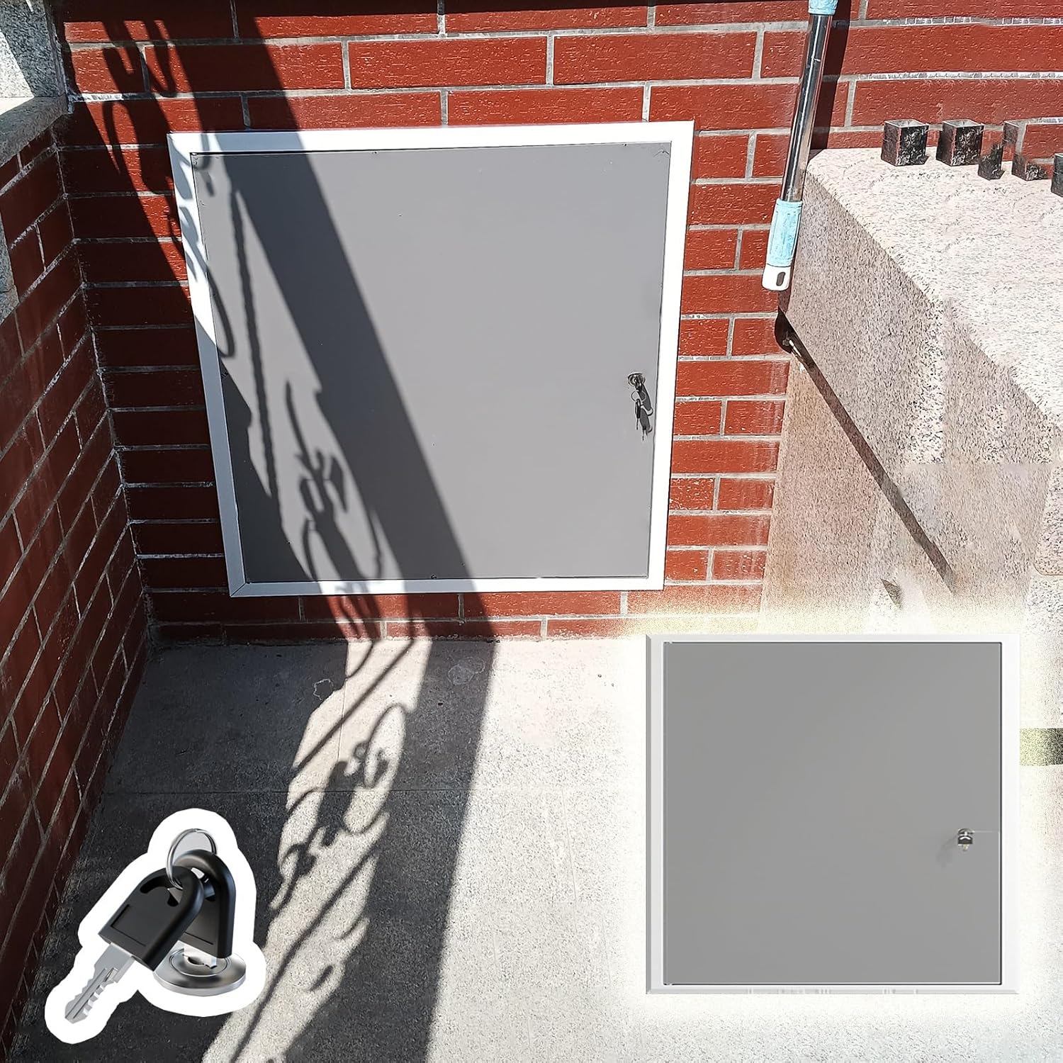 Square Outdoor Access Panel w/Lock & Keys, Wall Hole Cover for Plumbing/Electricity/Heating, Customizable Drywall Laundry Chute Doors(Gray,W20x20cm/8 x8)