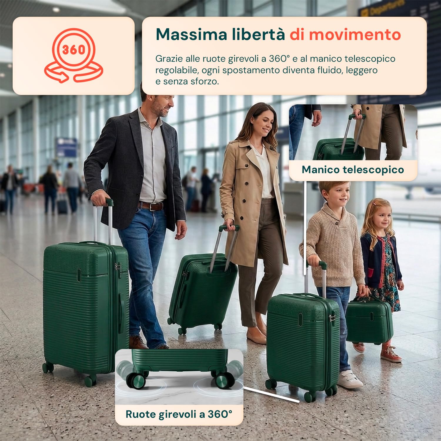 Avilia Set Valigie da Viaggio Rigide in ABS con Beauty Case - Set 3 Trolley 4 Ruote Doppie, Valigia Piccola Media Grande, Organizzazione Interna, Chiusura Rinforzata - Set 4 Pezzi (Verde)
