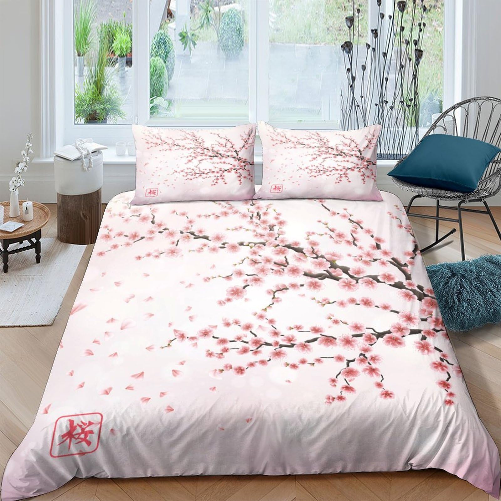 GPLZQXKJNH 3D Printed Cherry Blossom Duvet Cover Microfiber Soft Floral Quilt Cover with 2 Pillowcases for Bedroom Decor Single（135x200cm）