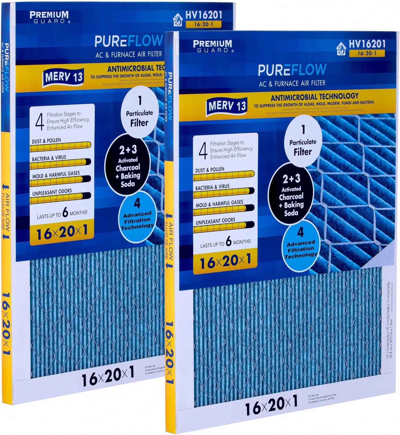 PUREFLOW Odor Control Home Air Filter MERV 13, 16x20x1 Furnace Filter, 4 Layer High Efficiency Filtration for Dust, Smoke, Fumes, Pollutants (Pack-of-2)