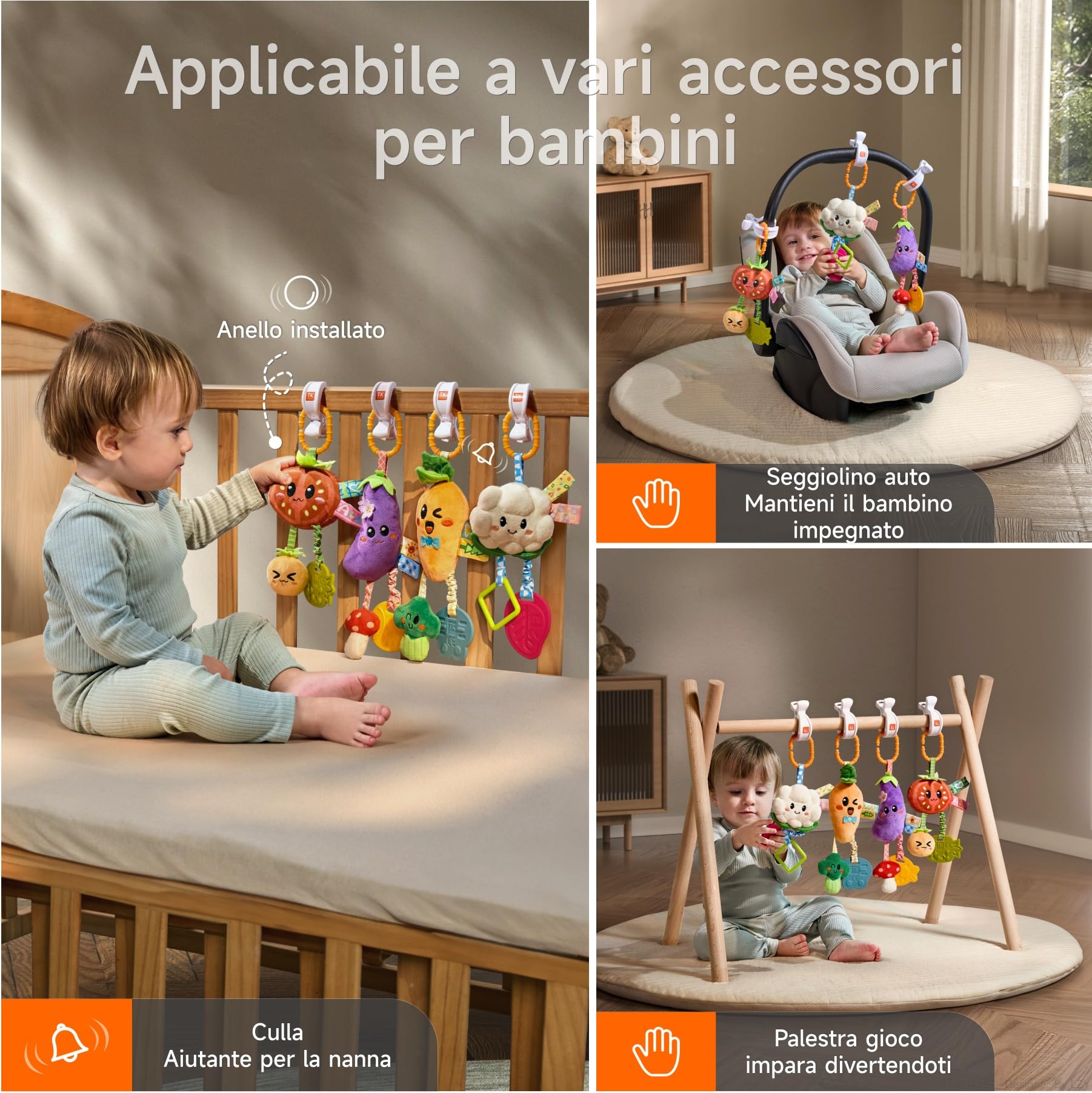 TUMAMA Kids Confezione da 4 Giocattoli Sonagli Sospesi per Bambini, Giocattoli per Neonati da 0 3 6 9 12 Mesi, Giochi per Passeggino, Regalo per Bambini e Bambine