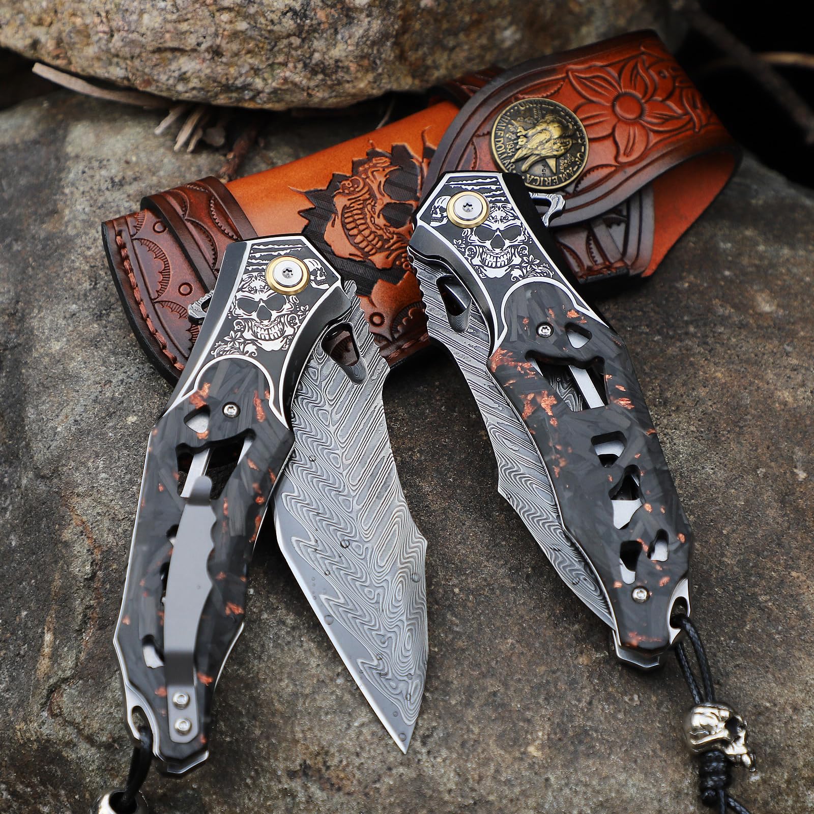 Handmade Men's Folding Pocket Knife, 9" Damascus Steel Folding Knife, Includes a leather sheath, Dazzling Cool Skull pattern, Carbon fiber handle with copper foil integration, Ideal for expedition cam
