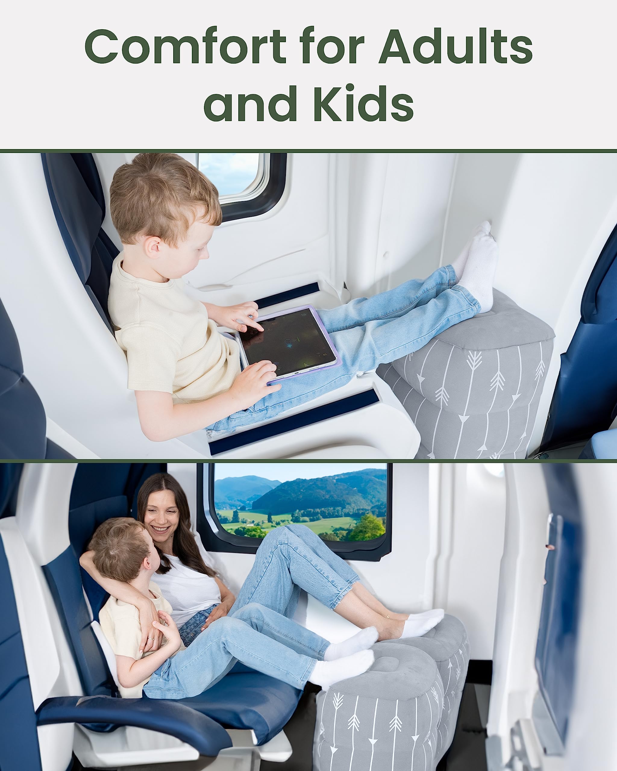 Amexo Cuscino Poggiapiedi Gonfiabile, 3 Strati Poggiapiedi da Viaggio Cuscino Regolabile in Altezza con Borsa Portaoggetti per Bambini Adulti Ufficio Casa e Viaggio Grigio