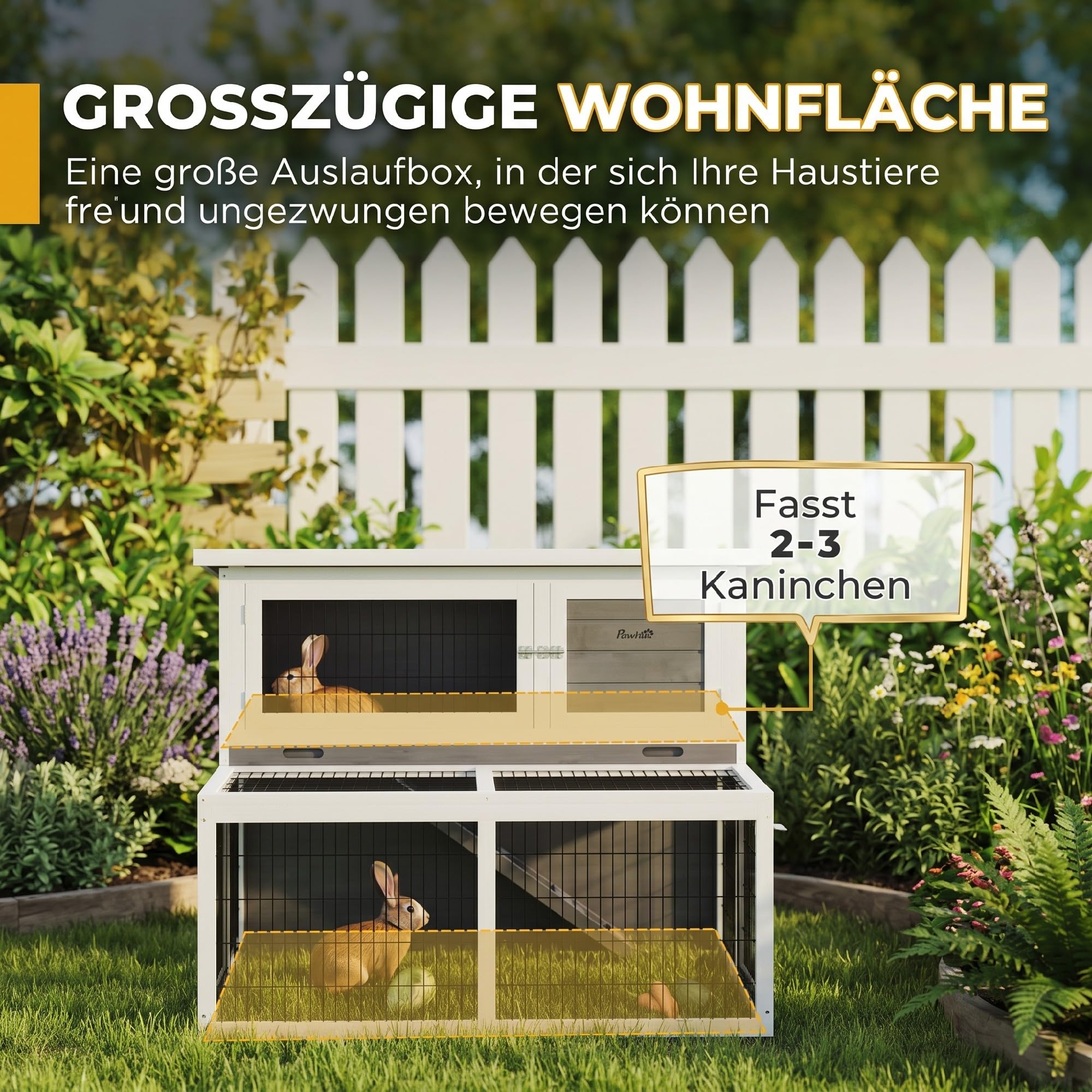 PawHut Hasenstall mit Klappdach für Kaninchen/Hasen 122x95x93,5 cm Grau | 2 Ebenen,Kaninchenkäfig mit Freilaufgehege,Winterfest,Kleintierstall aus Vollholz,Kaninchenstall Outdoor,Doppelstockhaus