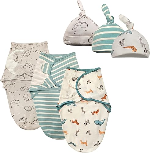 Miniatura 9 de Pañales para bebés con sombreros para niños y niñas recién nacidos, paquete de 3 mantas de algodón orgánico fáciles de ajustar, saco de dormir