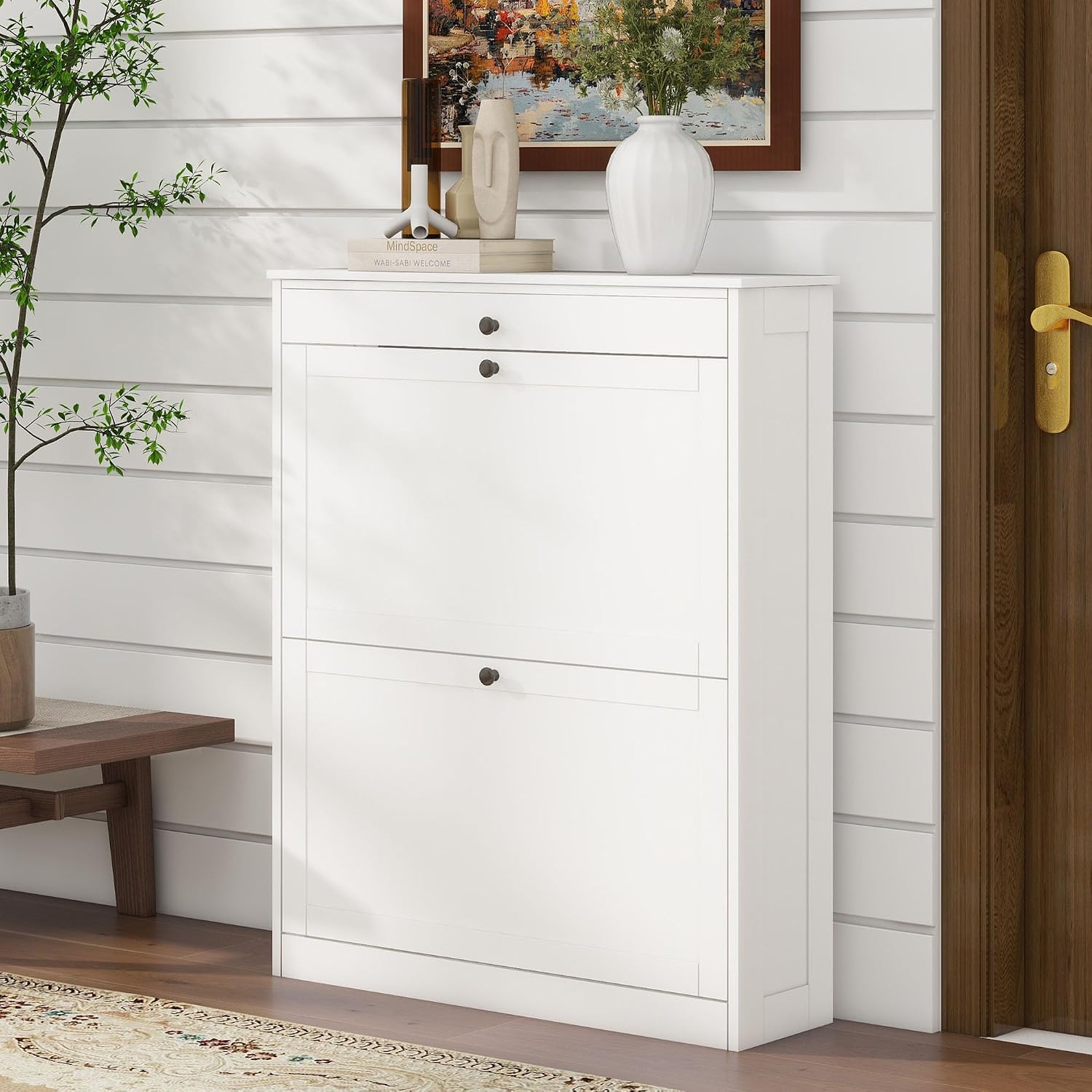 FTZxHKLX Shoe Cabinet with 2 Flip-Up Doors & Drawer, Slim Shoe Cabinet with Adjustable Shelves, Freestanding Narrow Shoe Storage Organizer for Entryway, Hallway, Foyer, White