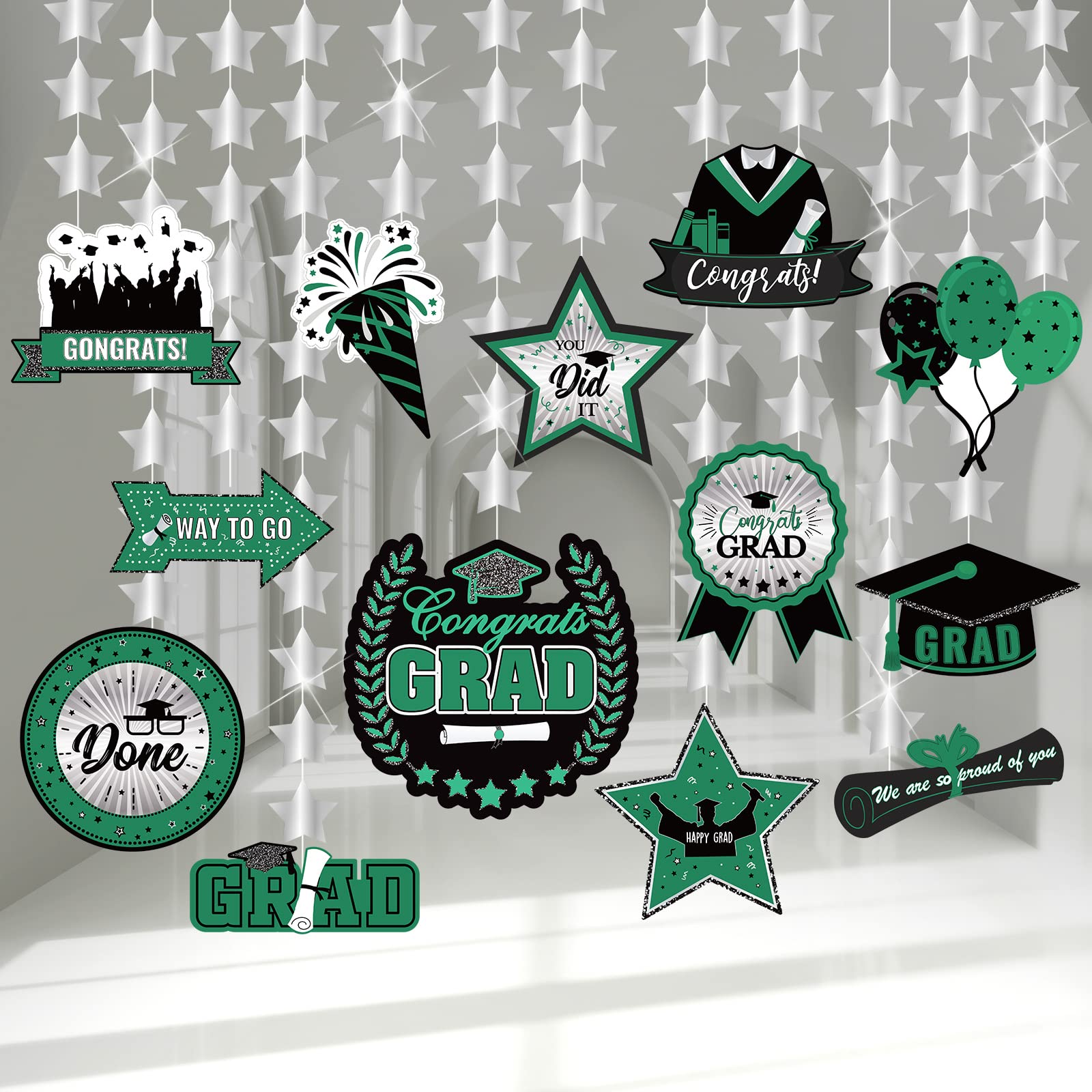 Photo 1 of 2pk-Glitinsel 13 Pcs Graduation Decorations 2023 Graduation Paper Garland Congrats Grad Hanging Streamer Cap Star Garland Happy Graduation Banner Ornaments for School Graduation Party Supply (Green)