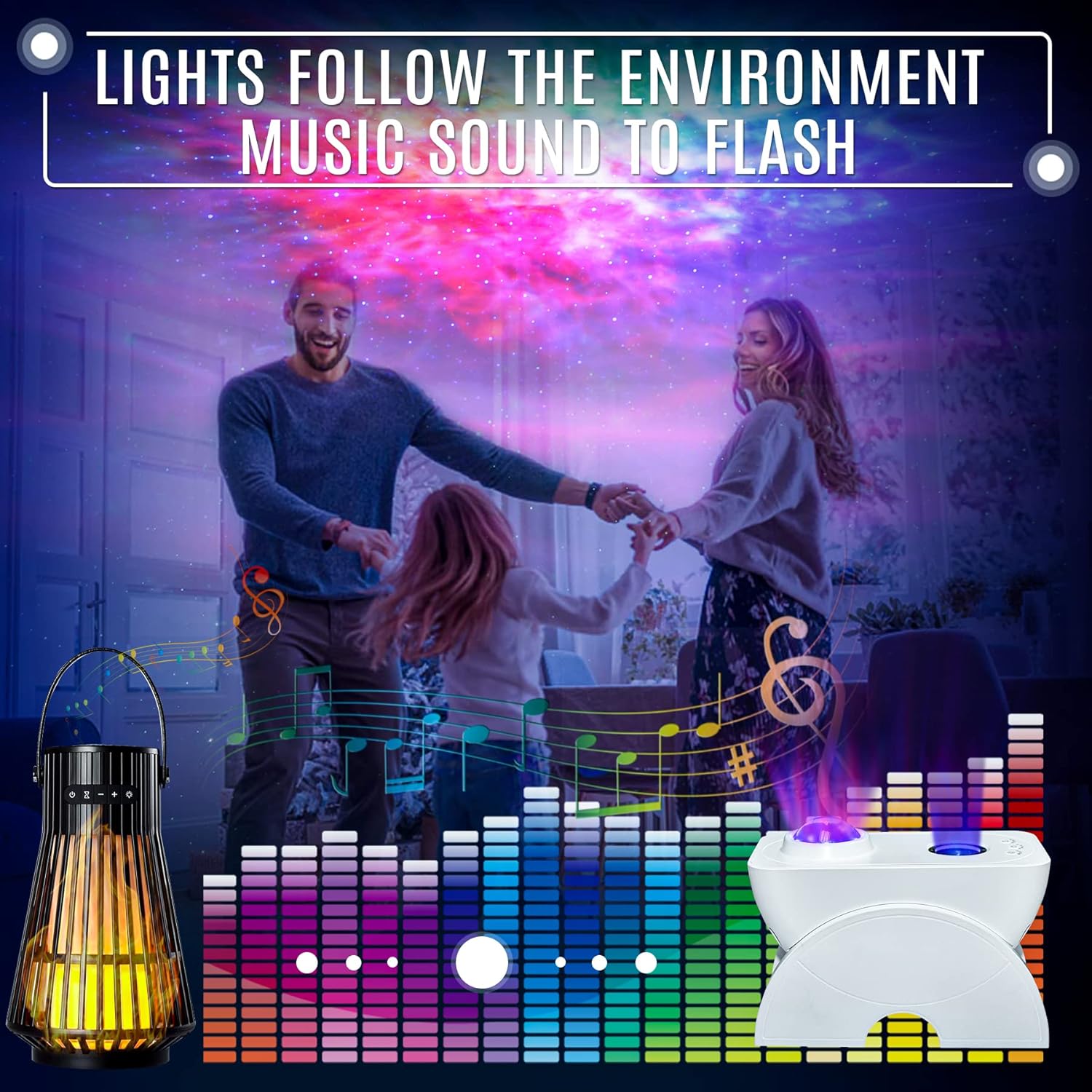 NUNET NUSTAR Smart Galaxy Projector showing lights flashing to music in a room with people dancing.