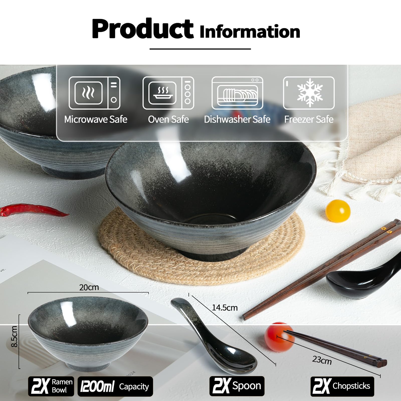 Lot de 2 bols à ramen en céramique avec baguettes et cuillères de style japonais rétro en porcelaine, 1200 ml, passent au micro-ondes et au lave-vaisselle, noir