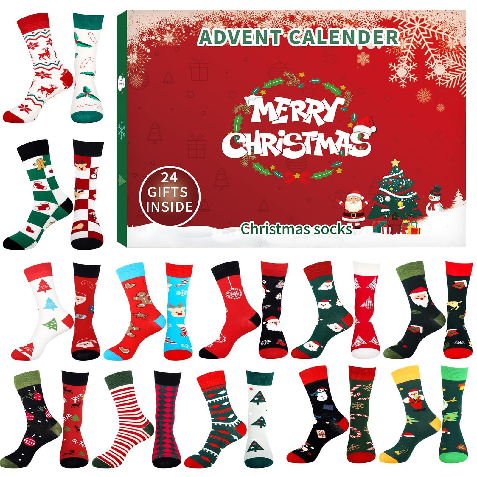 Calendrier De L'Avent Chaussettes De Noël 2024 - 24 Paires, Motifs Festifs, En Coton, Cadeau Original Pour Hommes Et Femmes