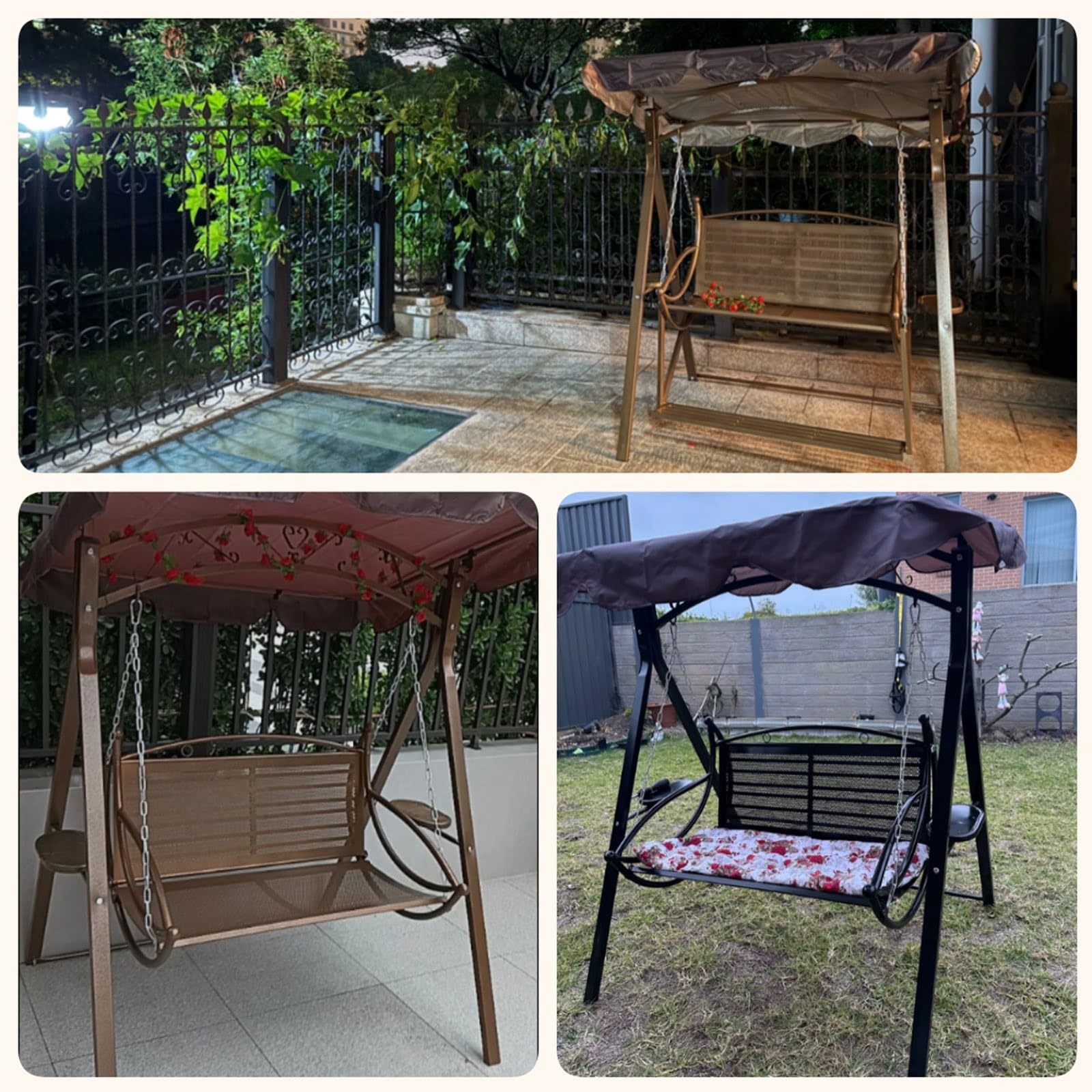 Altalena per portico da esterno con tettoia, struttura in metallo, impermeabile, include cuscino per sedile, vassoi portabicchieri e piedini resistenti all'usura per giardino e cortile