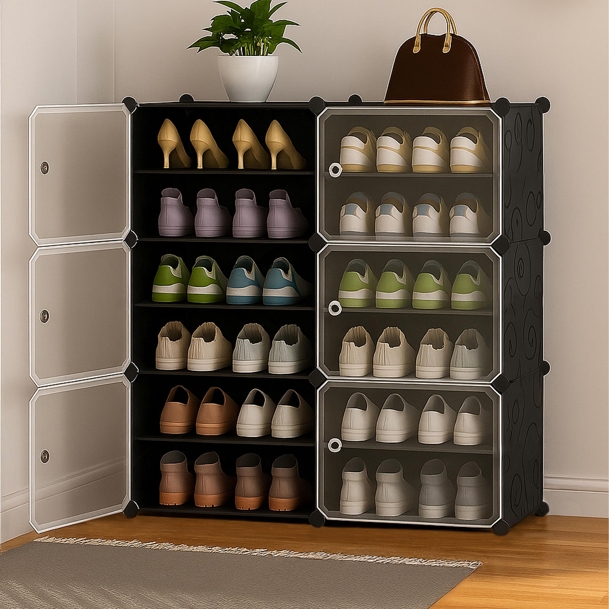 Oumffy Plastic Shoe Rack for Home | 𝟏𝟐 𝐋𝐚𝐲𝐞𝐫 Shoe Organizer Cabinet with 𝟔 𝐃𝐨𝐨𝐫 | Dustproof Shoe Storage Rack for Entryway, Bedroom & Living Room | Space Saving Multipurpose Stand | Black