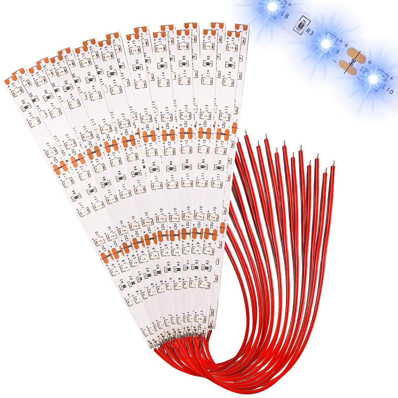 Begonia Pack of 20 150 mm Pre-Wired LED Strips, 2835 SMD LED, 12 V - 18 V Model Making LED Lighting with 15 cm Cable, LED Light Strips for Model Railway, DIY, Decoration (Blue)